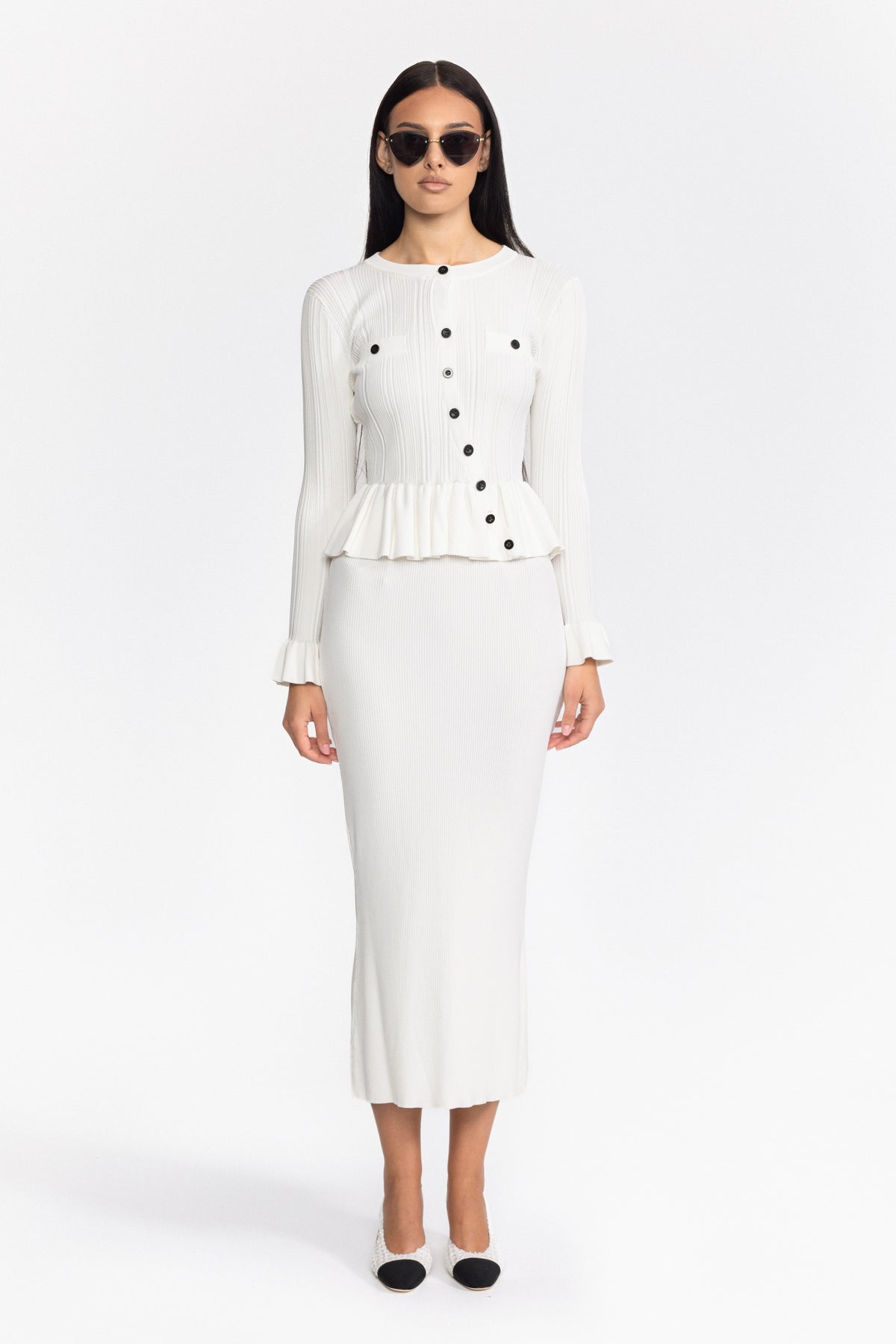 Ribbed Knit Peplum Cardigan and Midi Skirt Set - White