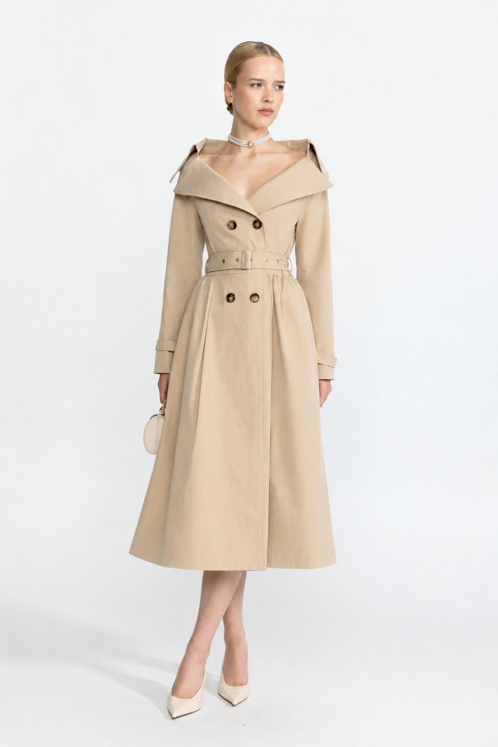 Rochie-trench bej cu guler off-shoulder și cordon în talie