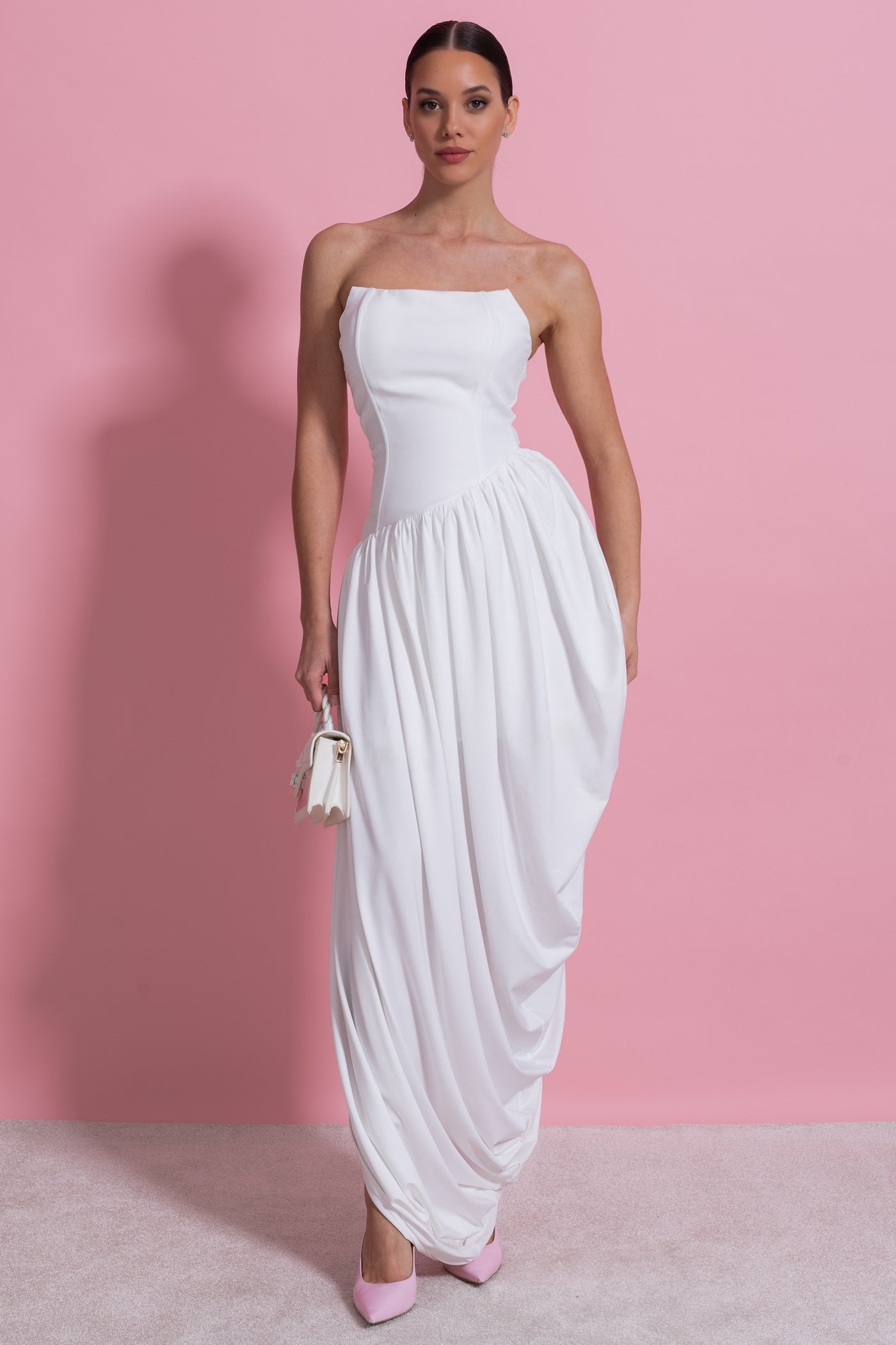 Rochie maxi fără bretele cu fustă drapată asimetric - Alb
