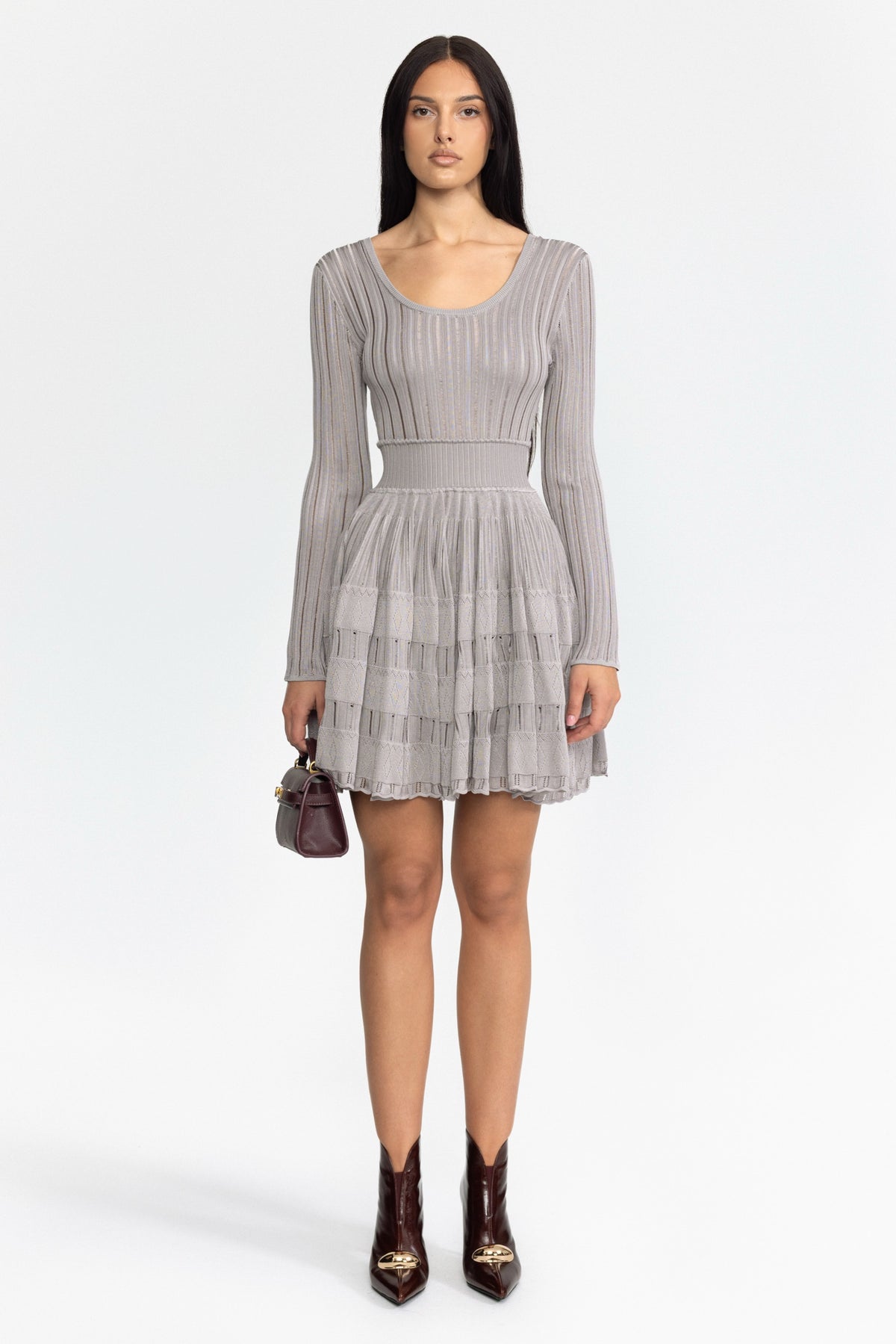 Rochie mini tip skater din tricot ladder, cu decolteu scoop - gri