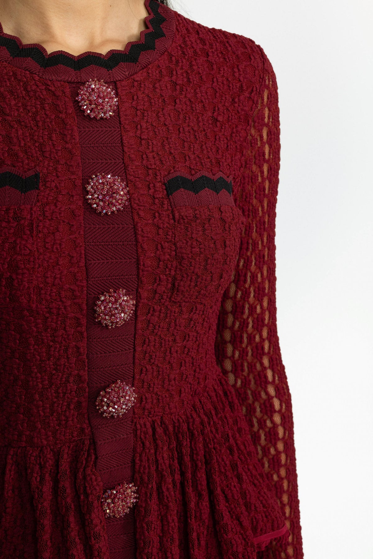 Crochet Knit Peplum Midi Dress with Ric-Rac Trim - Wine