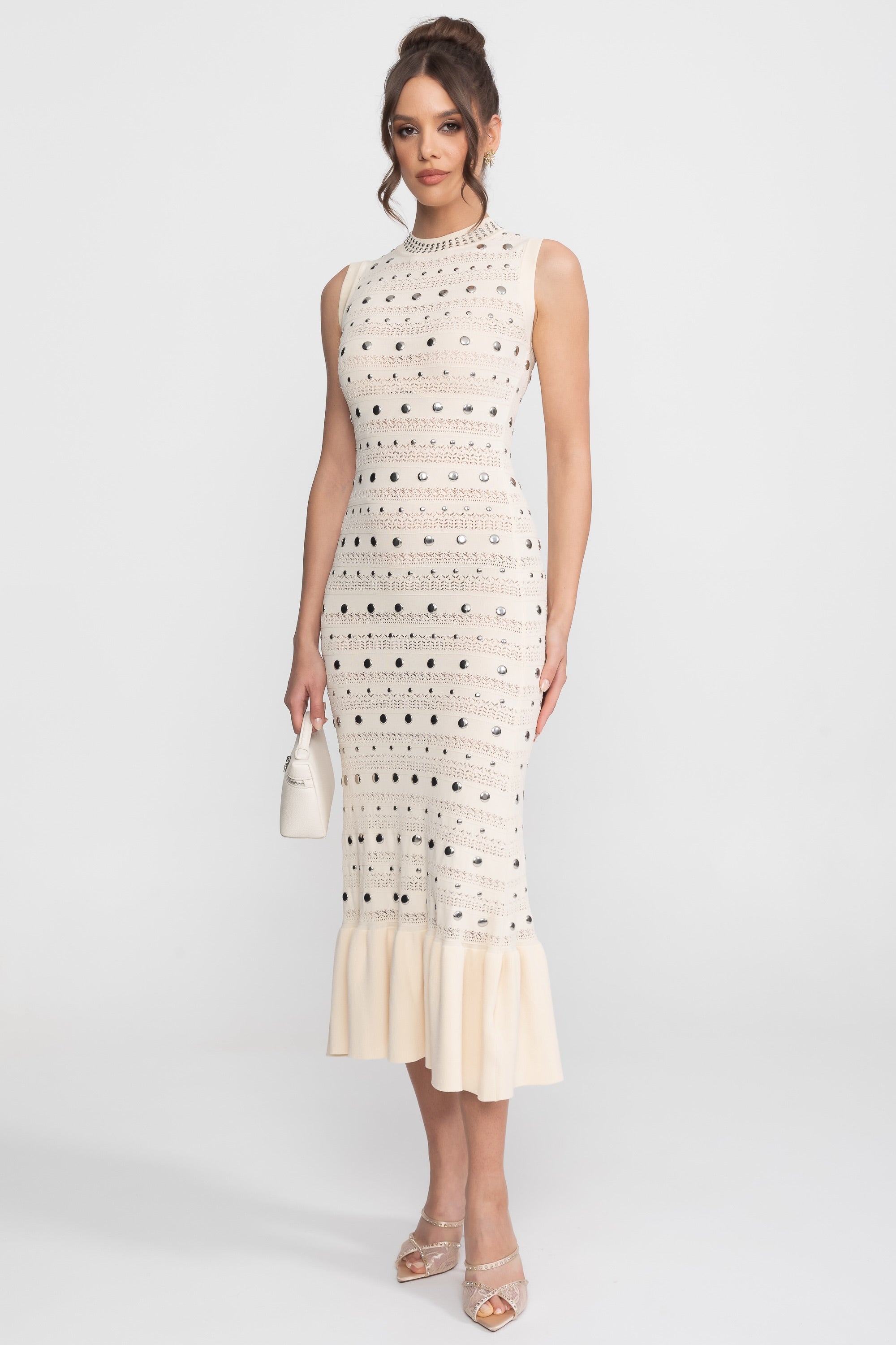 Embellished Knit Midi Dress With High Neck And Ruffle Hem - Cream