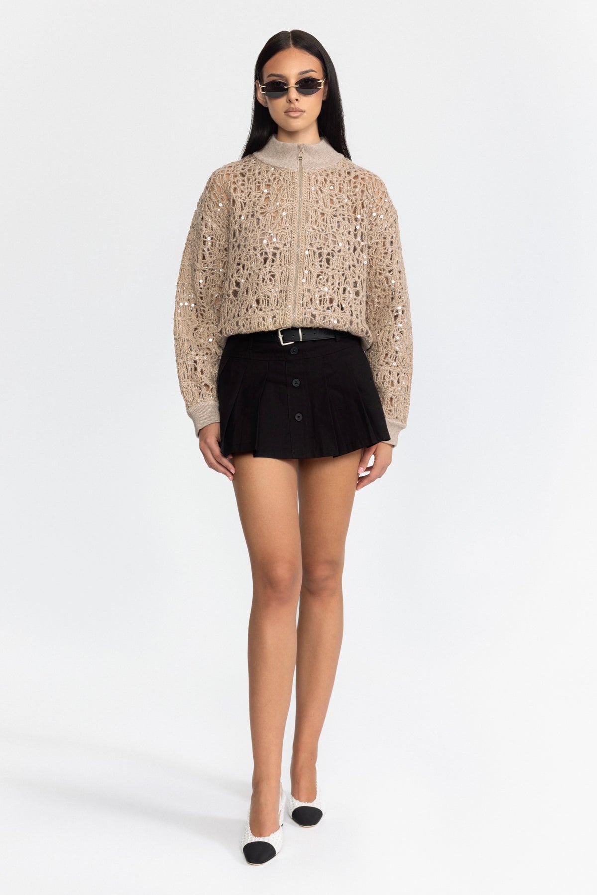 Cardigan cu paiete din tricot ajurat, cu fermoar - Bej