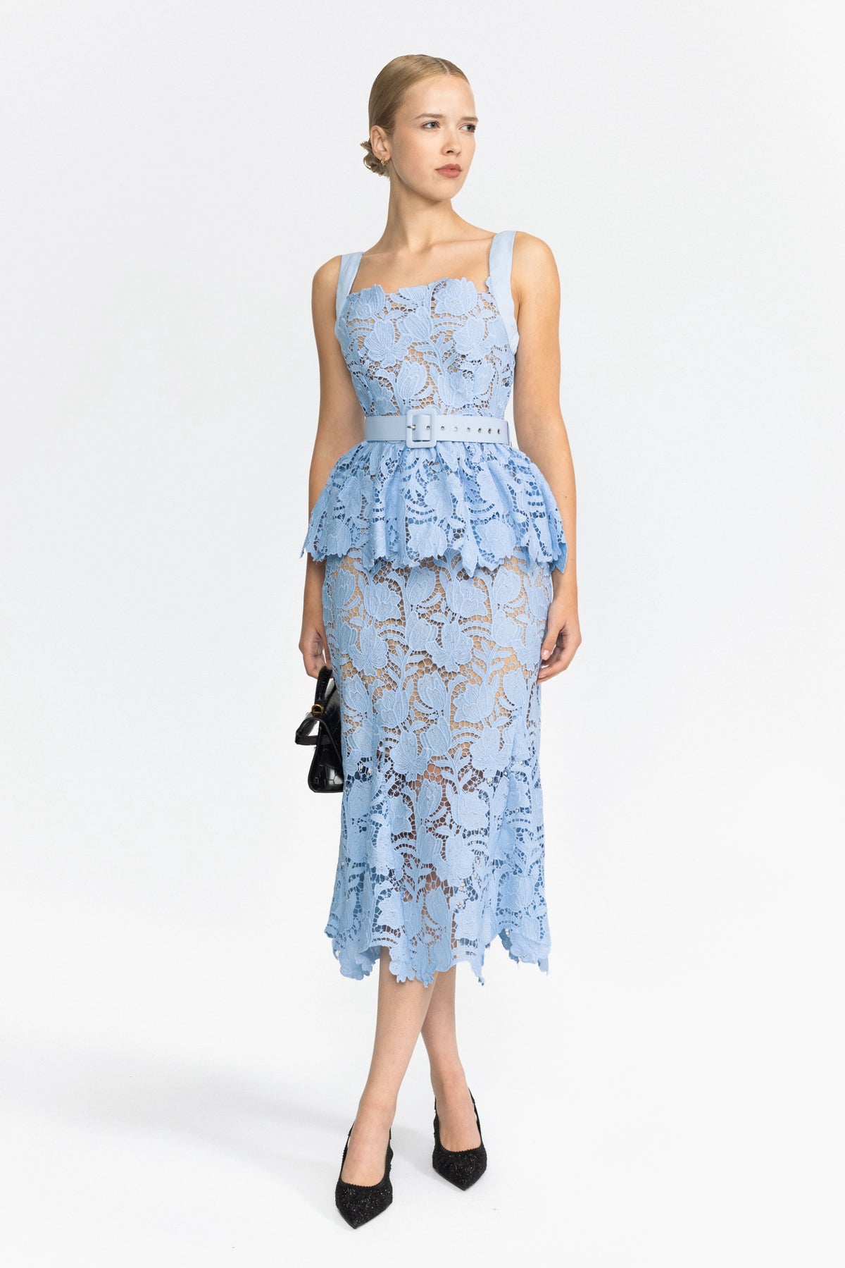 Set cu top peplum din dantelă guipure și fustă midi - bleu deschis
