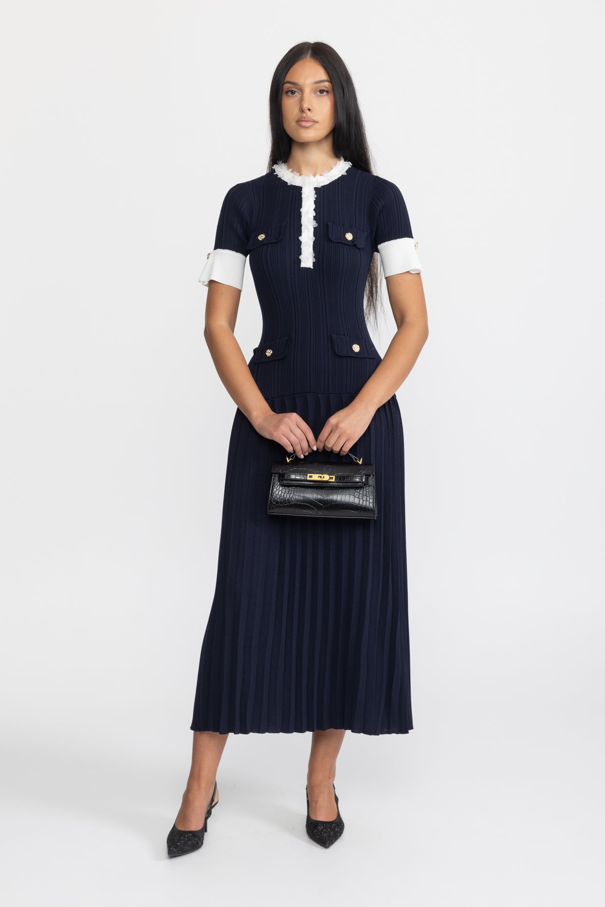 Rochie midi din tricot plisat cu volan la tiv - bleumarin