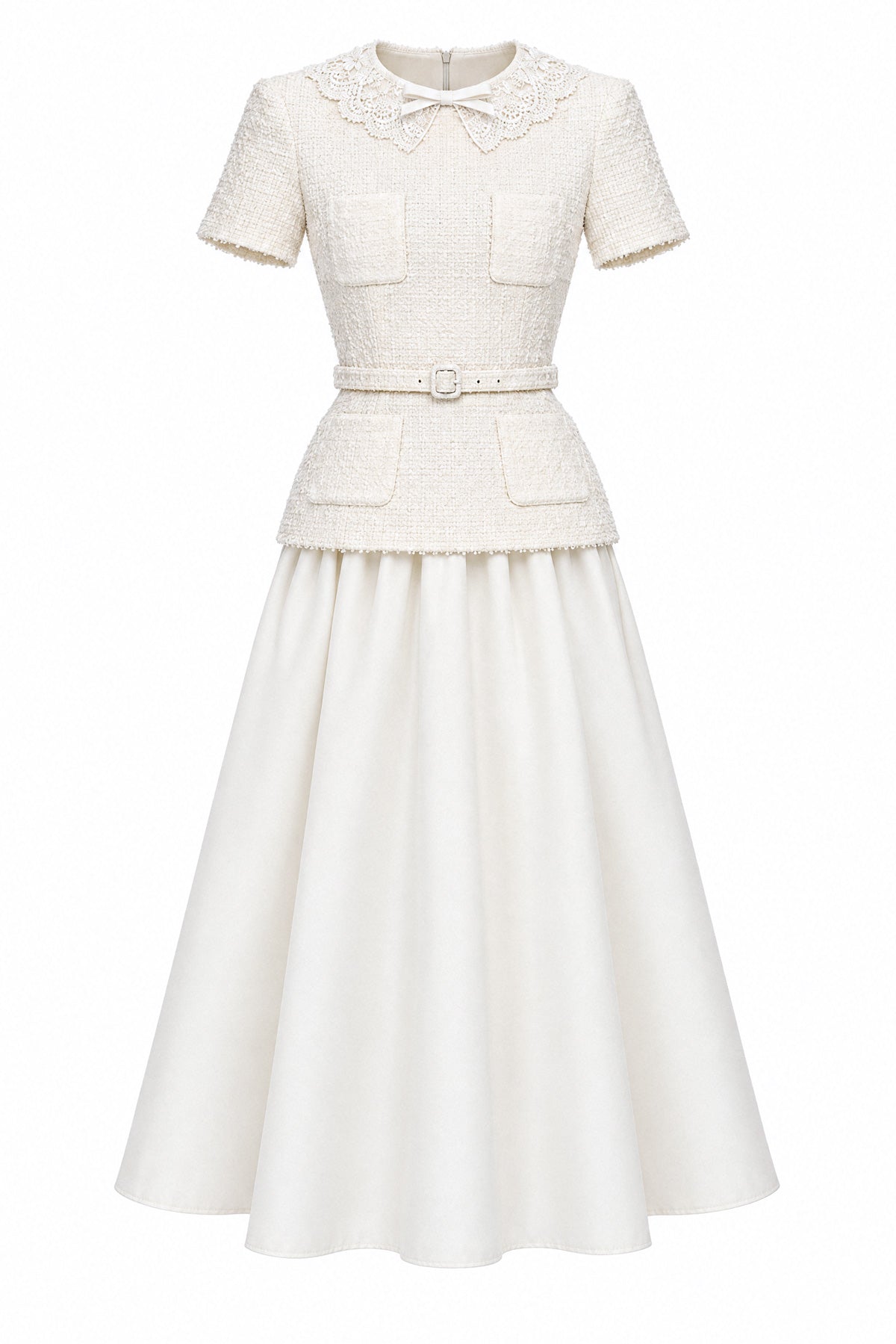 Rochie midi tweed peplum cu guler din dantelă - Ivoire