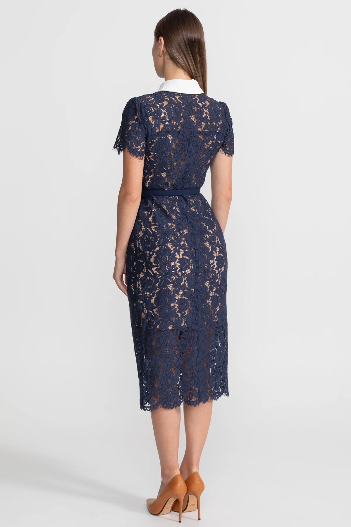 Rochie midi din dantelă florală cu guler croitorit și talie cu curea - Navy