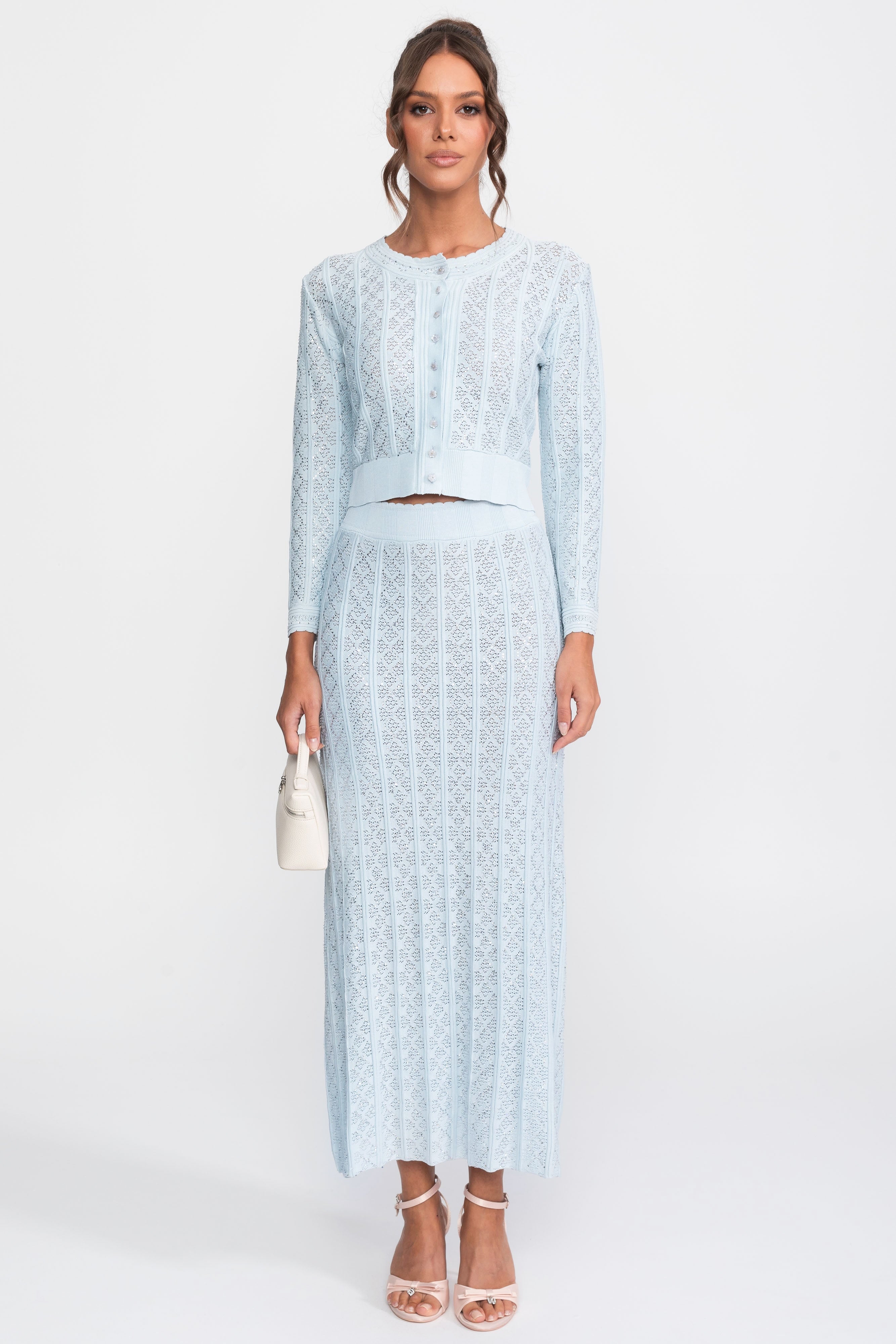 Set coordonat din tricot cu eyelet, cu cardigan și fustă maxi - light blue