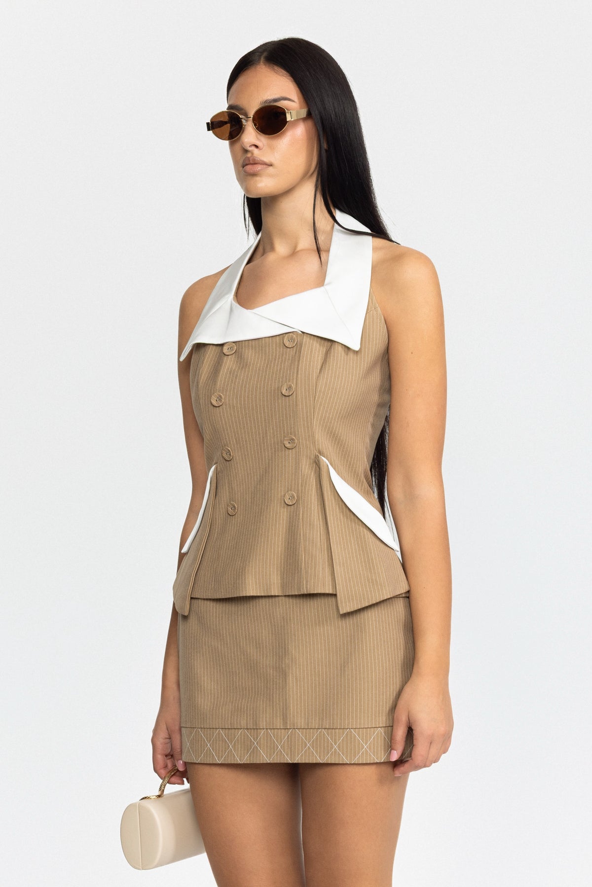 Pinstripe Halter Top and Mini Skirt Set - Khaki