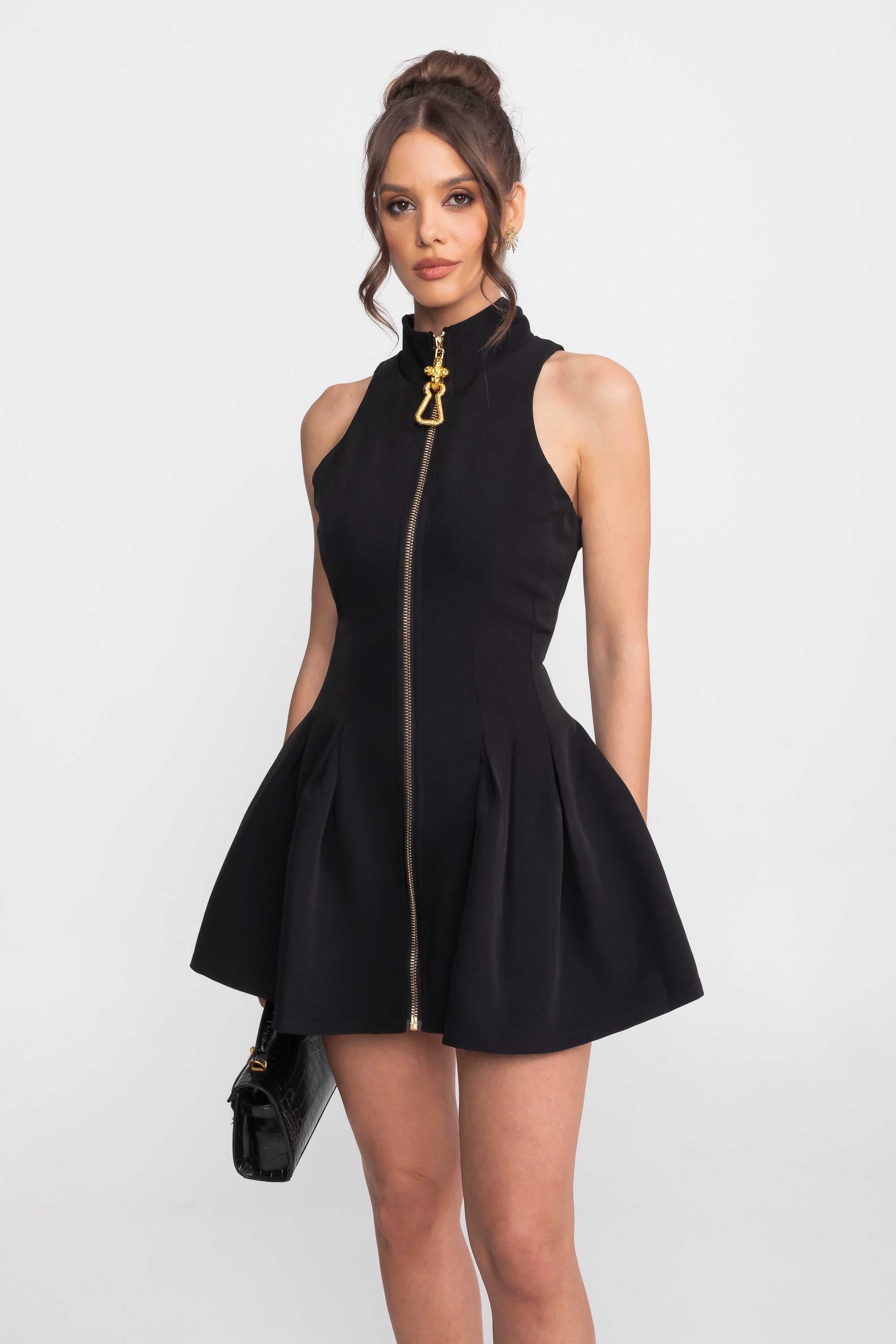 Rochie mini fără mâneci cu fermoar frontal auriu - Negru