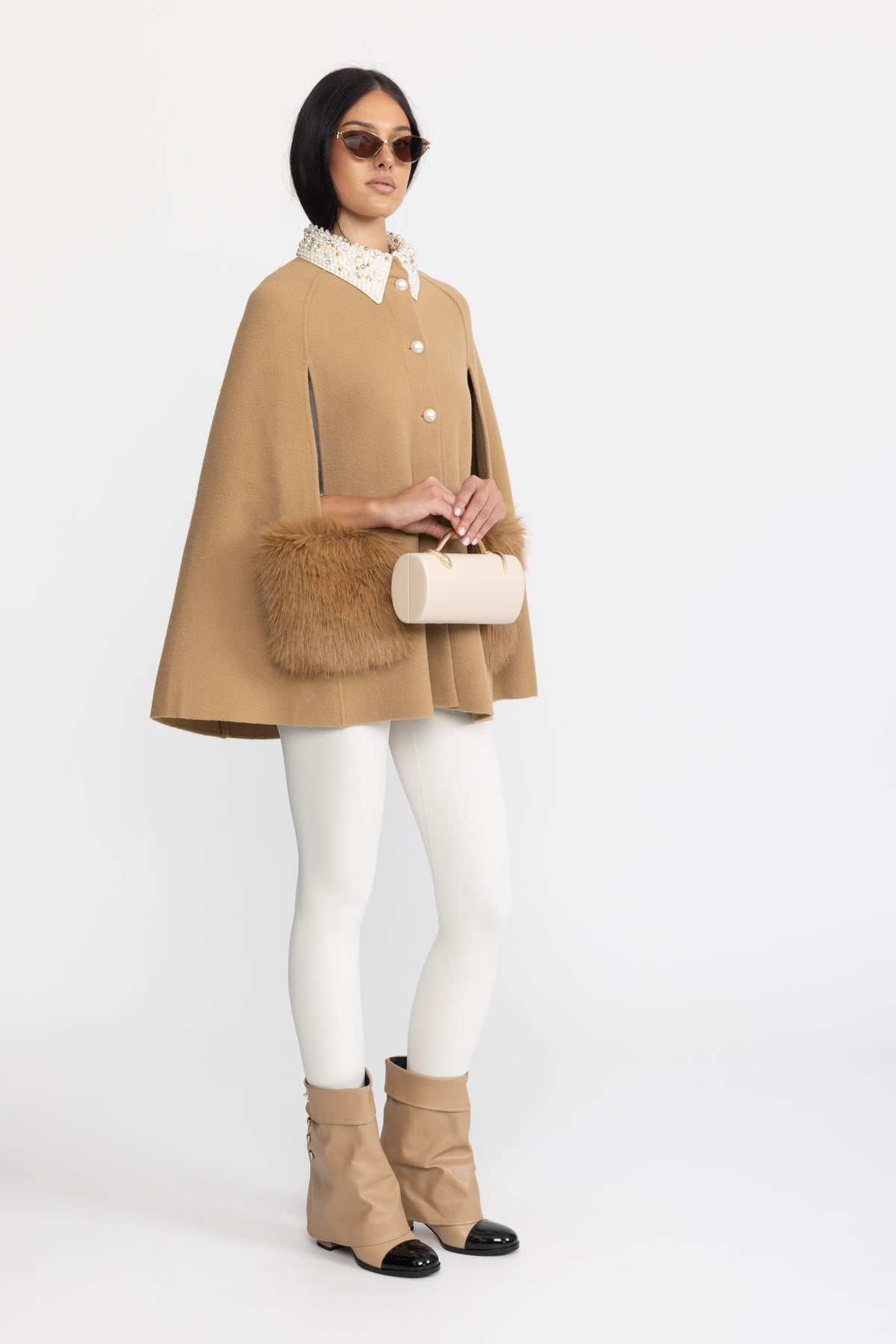 Pearl Embellished Collar Cape with Faux Fur Pockets - Camel