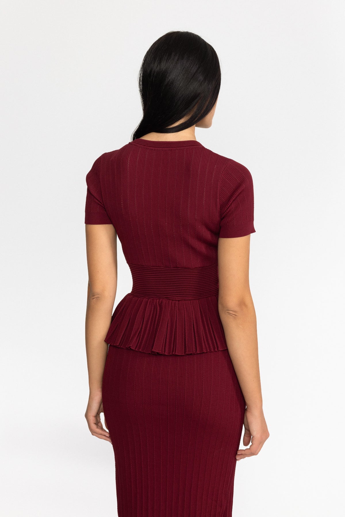 Pleated Peplum Knit Pencil Midi Dress - Wine