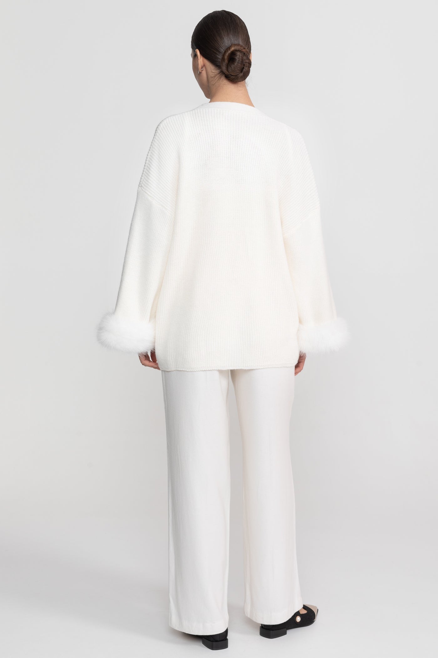 Knit Two Piece Set With Crystal Embellishments And Trim Cuffs - White