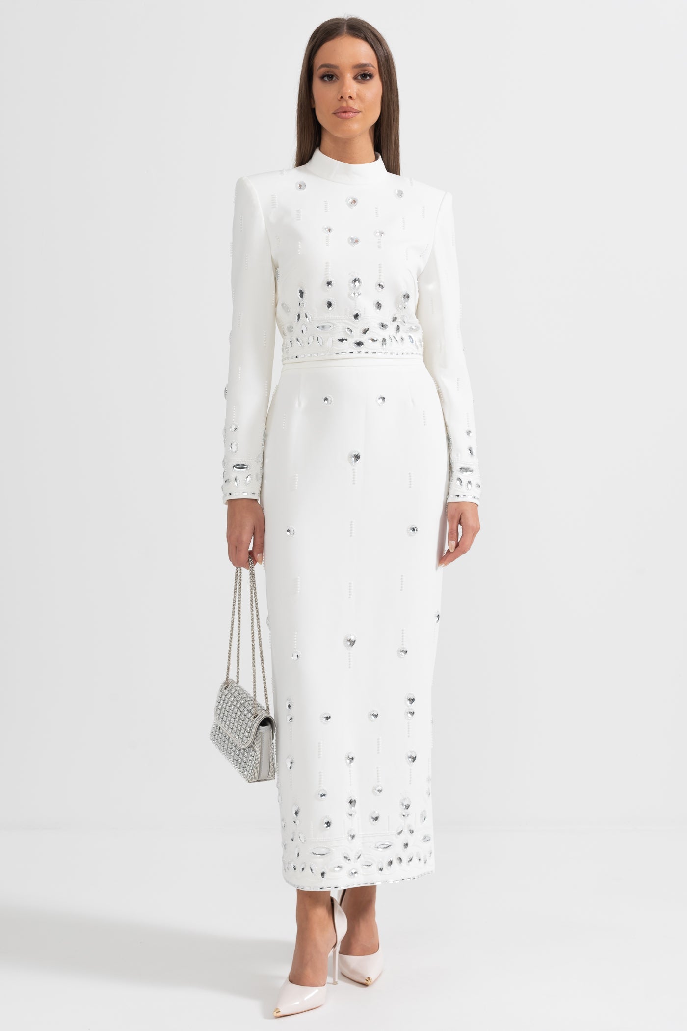 Set coordonat împodobit cu diamante cu fustă maxi - Alb