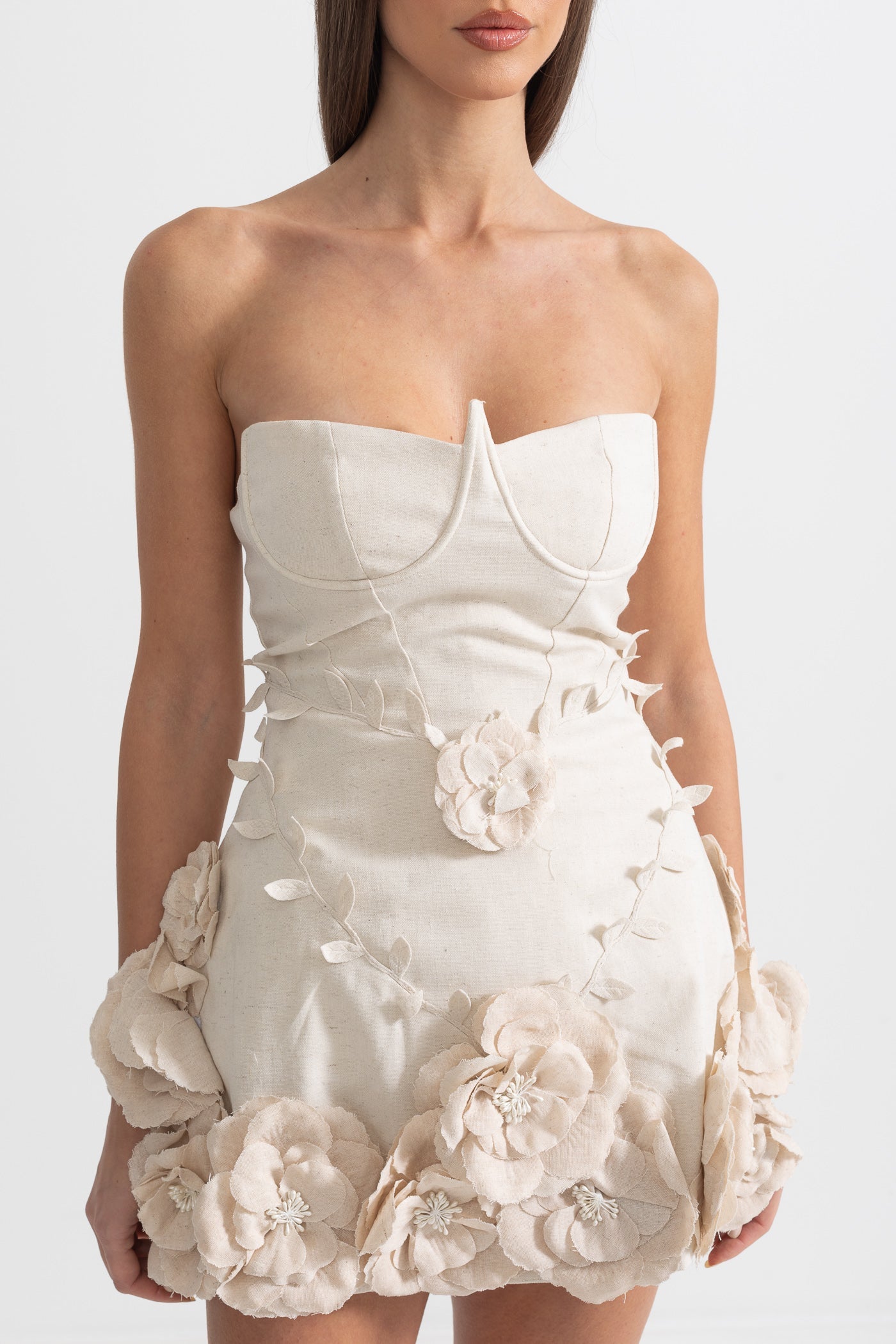 Rochie Bustier cu Aplicații Florale 3D - Ivoire