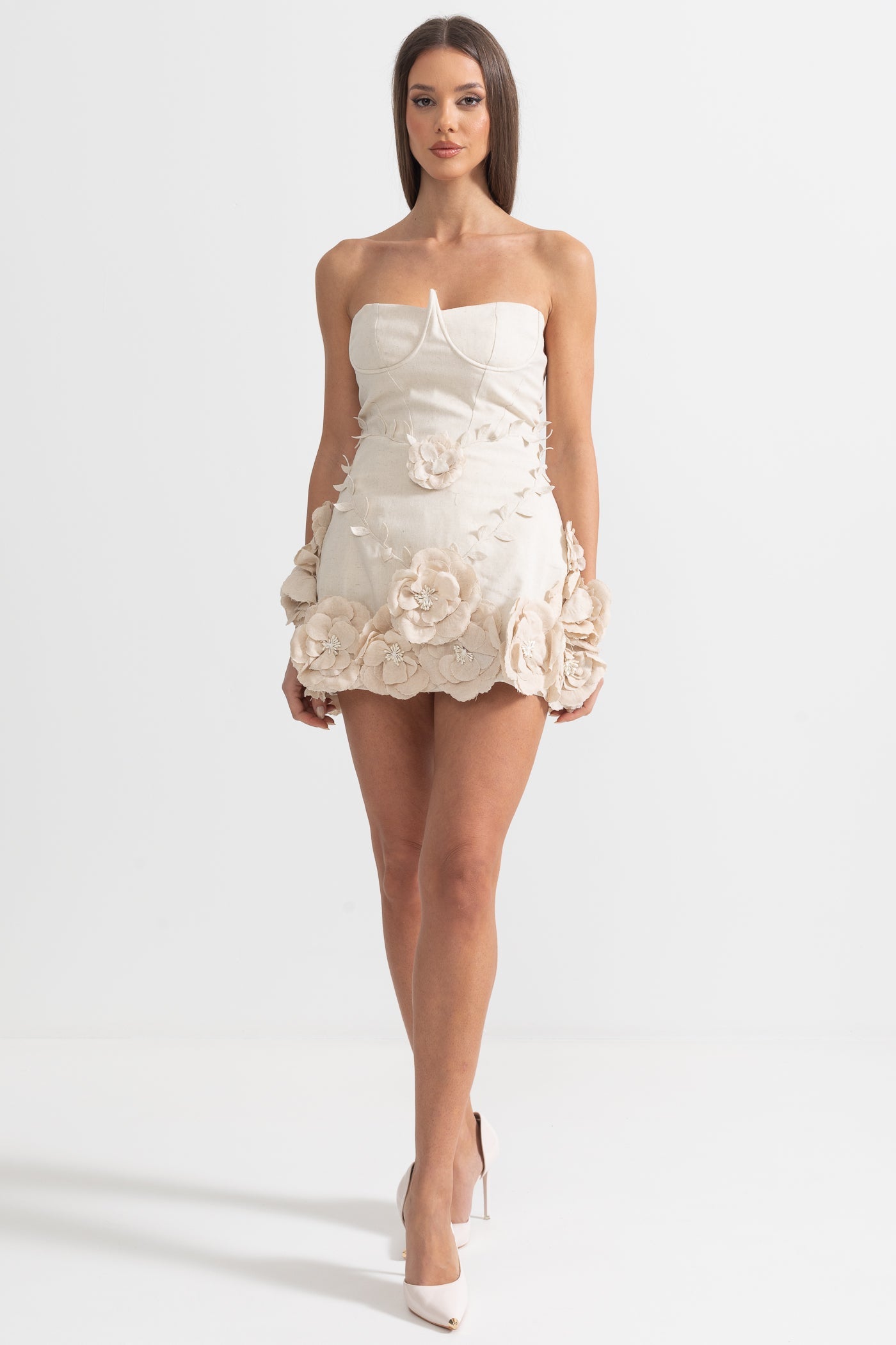Rochie Bustier cu Aplicații Florale 3D - Ivoire