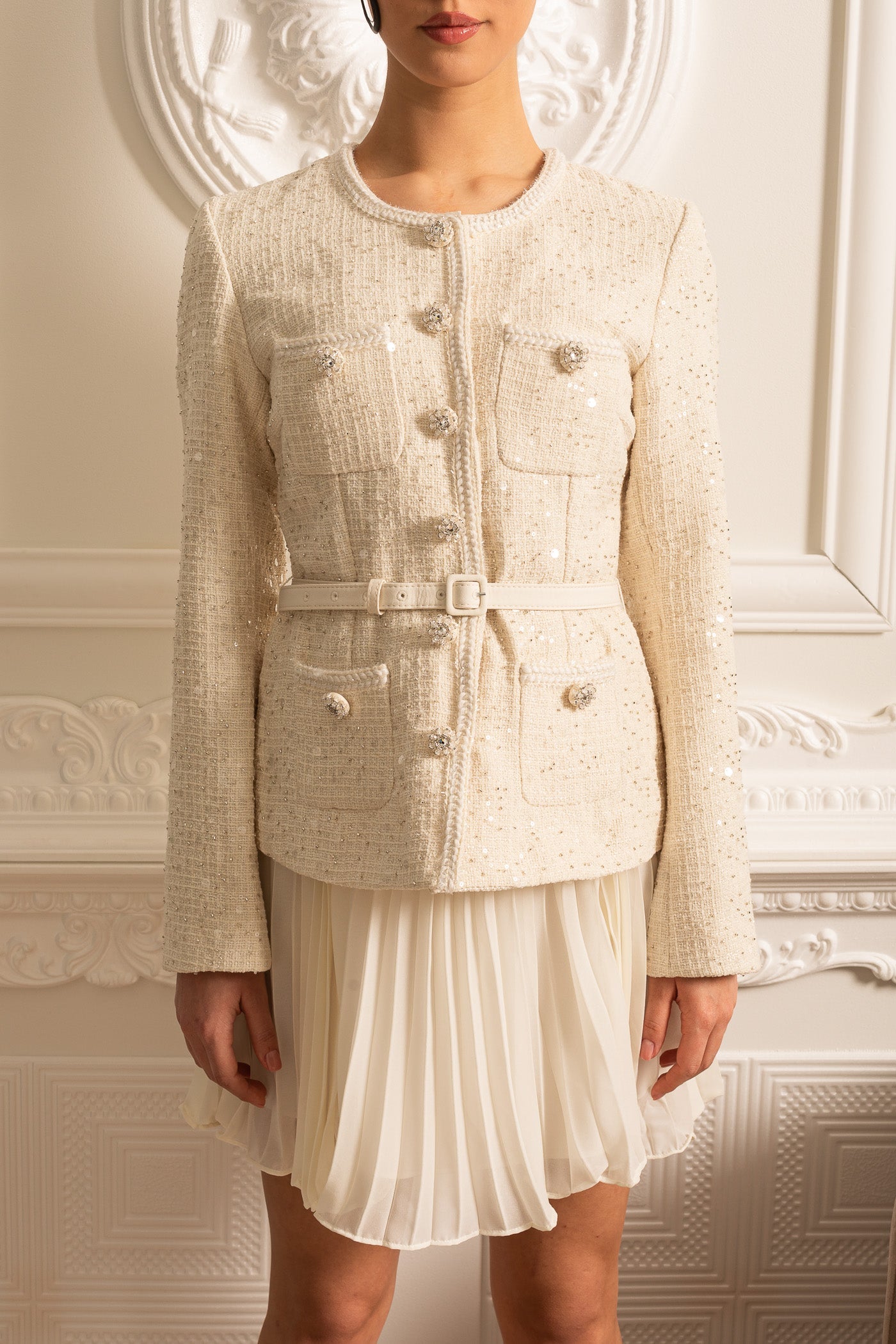 Rochie Mini Texturată cu Buzunare și Fustă Plisată Transparentă - Bej