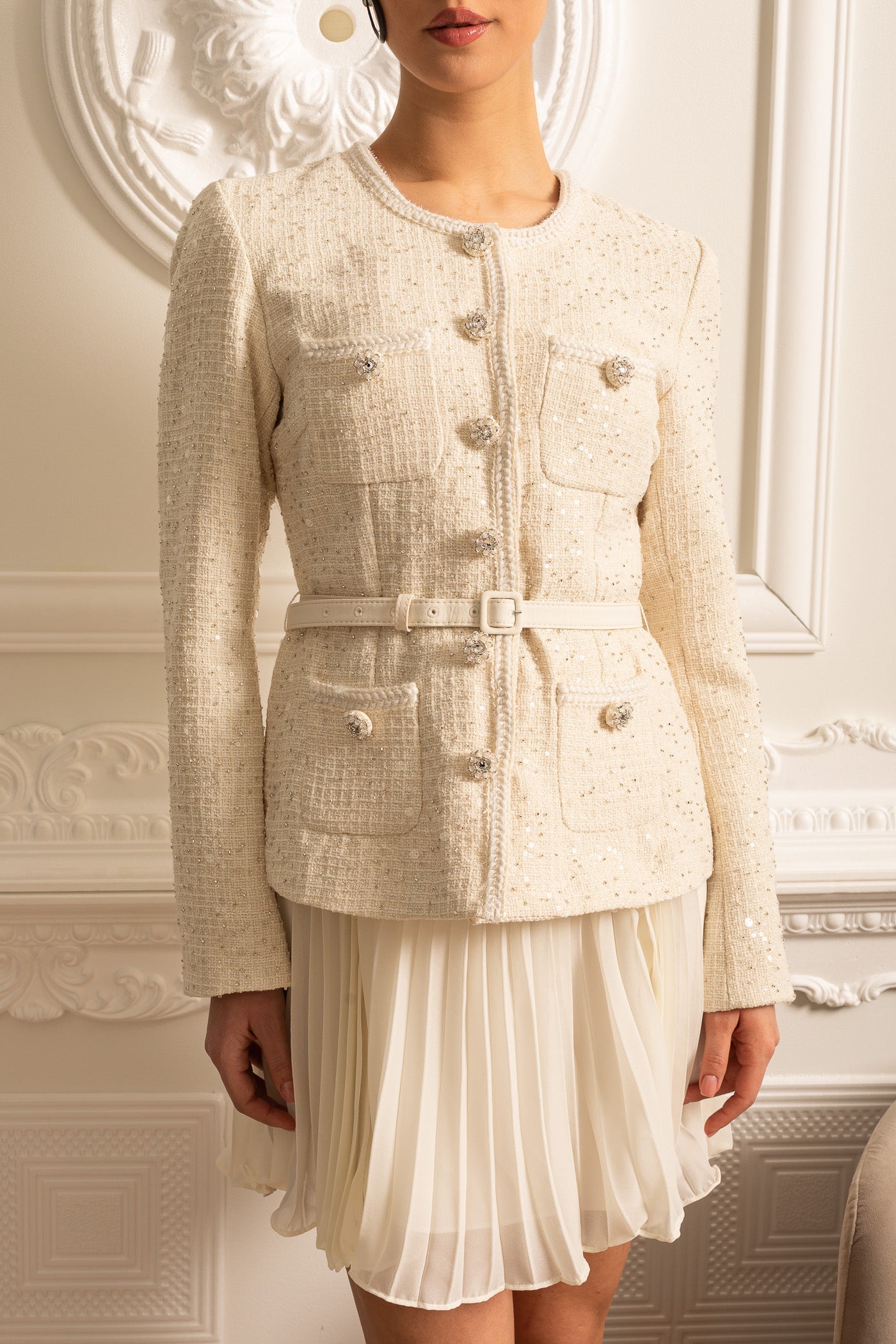 Rochie Mini Texturată cu Buzunare și Fustă Plisată Transparentă - Bej