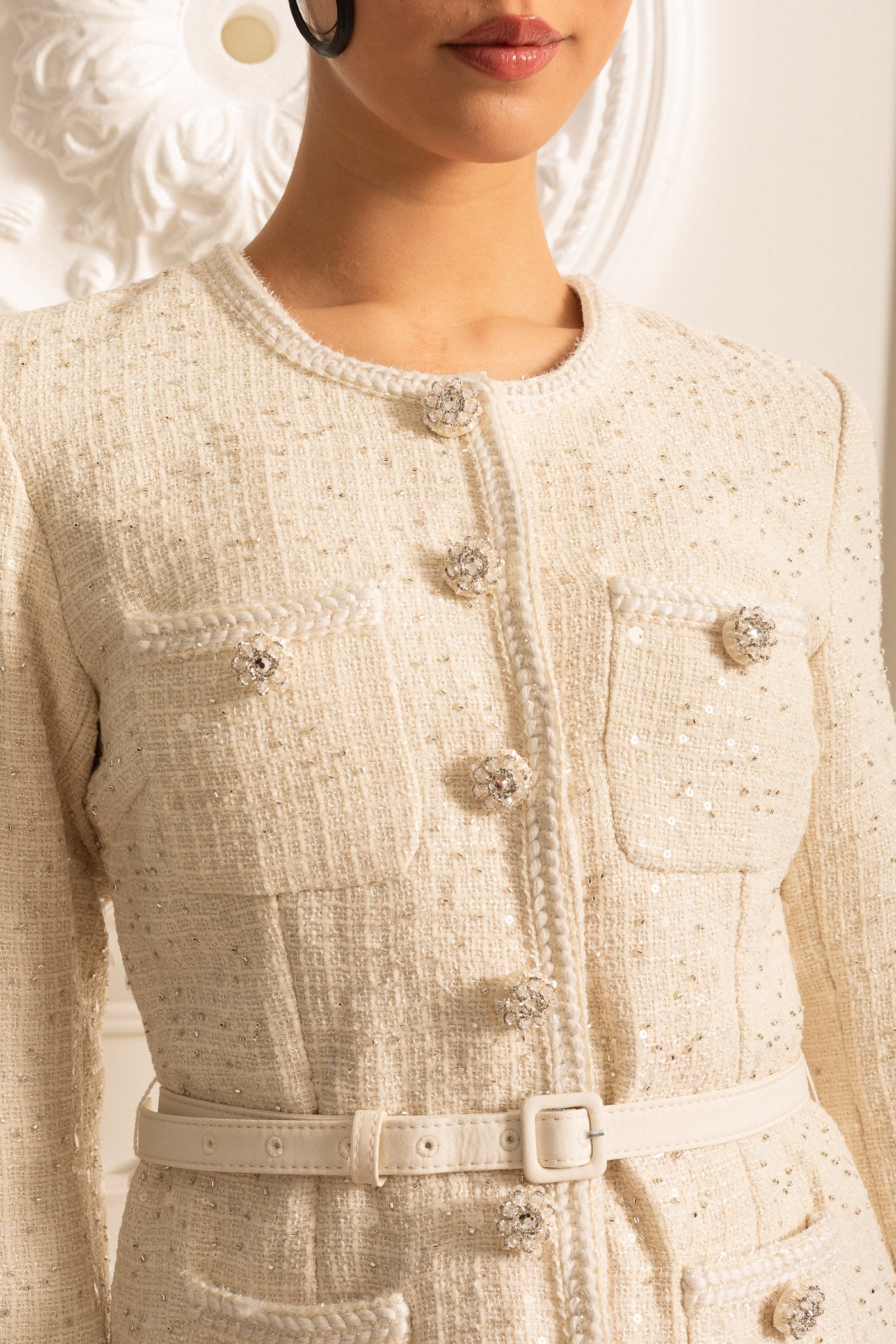 Rochie Mini Texturată cu Buzunare și Fustă Plisată Transparentă - Bej