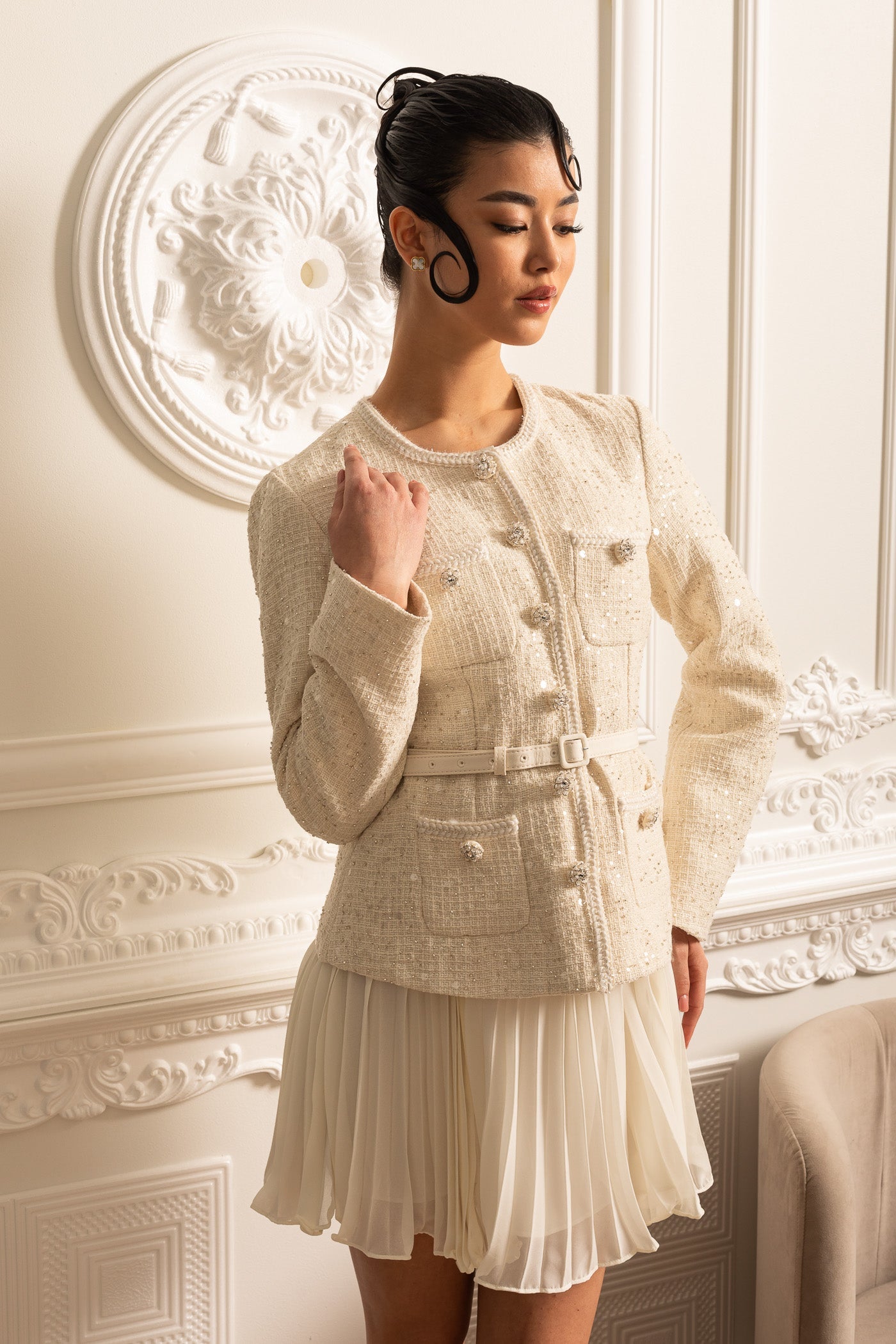 Rochie Mini Texturată cu Buzunare și Fustă Plisată Transparentă - Bej