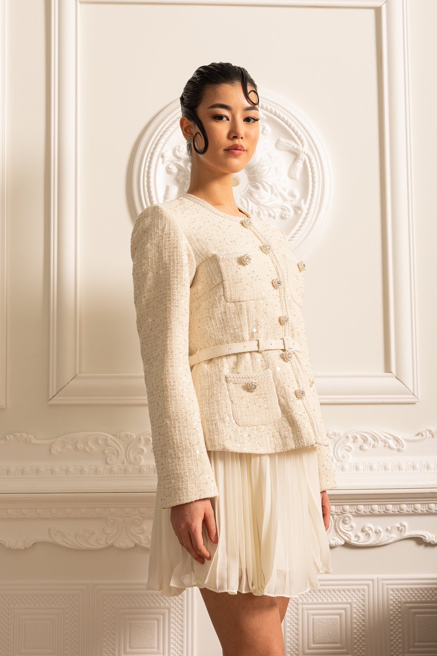 Rochie Mini Texturată cu Buzunare și Fustă Plisată Transparentă - Bej