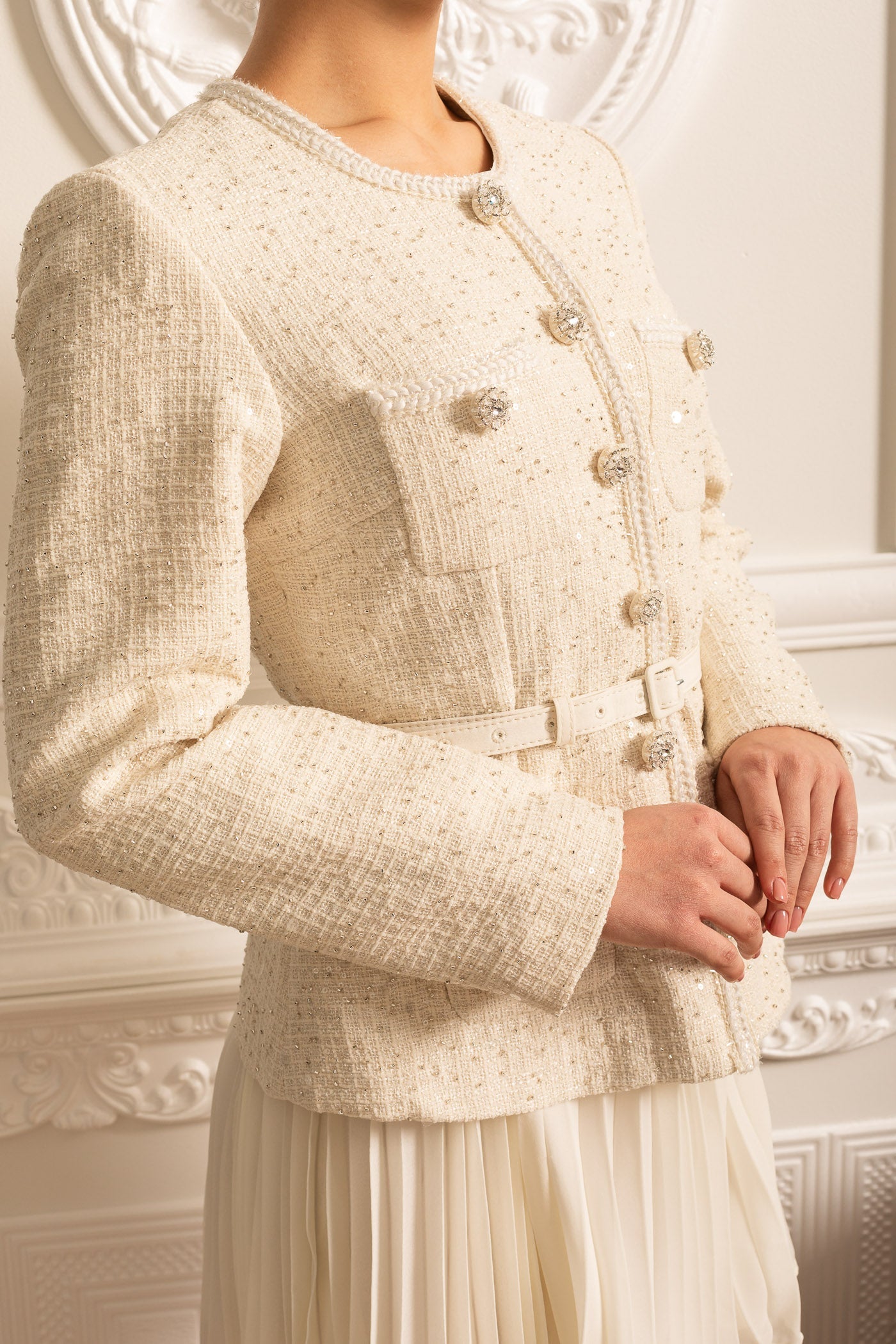 Rochie Mini Texturată cu Buzunare și Fustă Plisată Transparentă - Bej