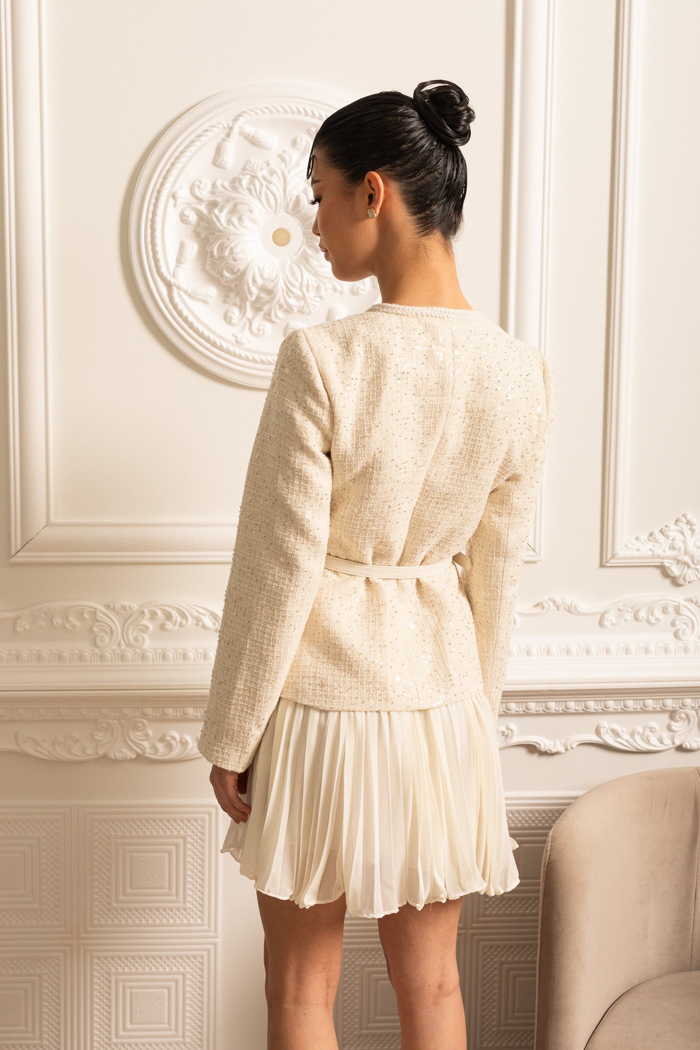 Rochie Mini Texturată cu Buzunare și Fustă Plisată Transparentă - Bej