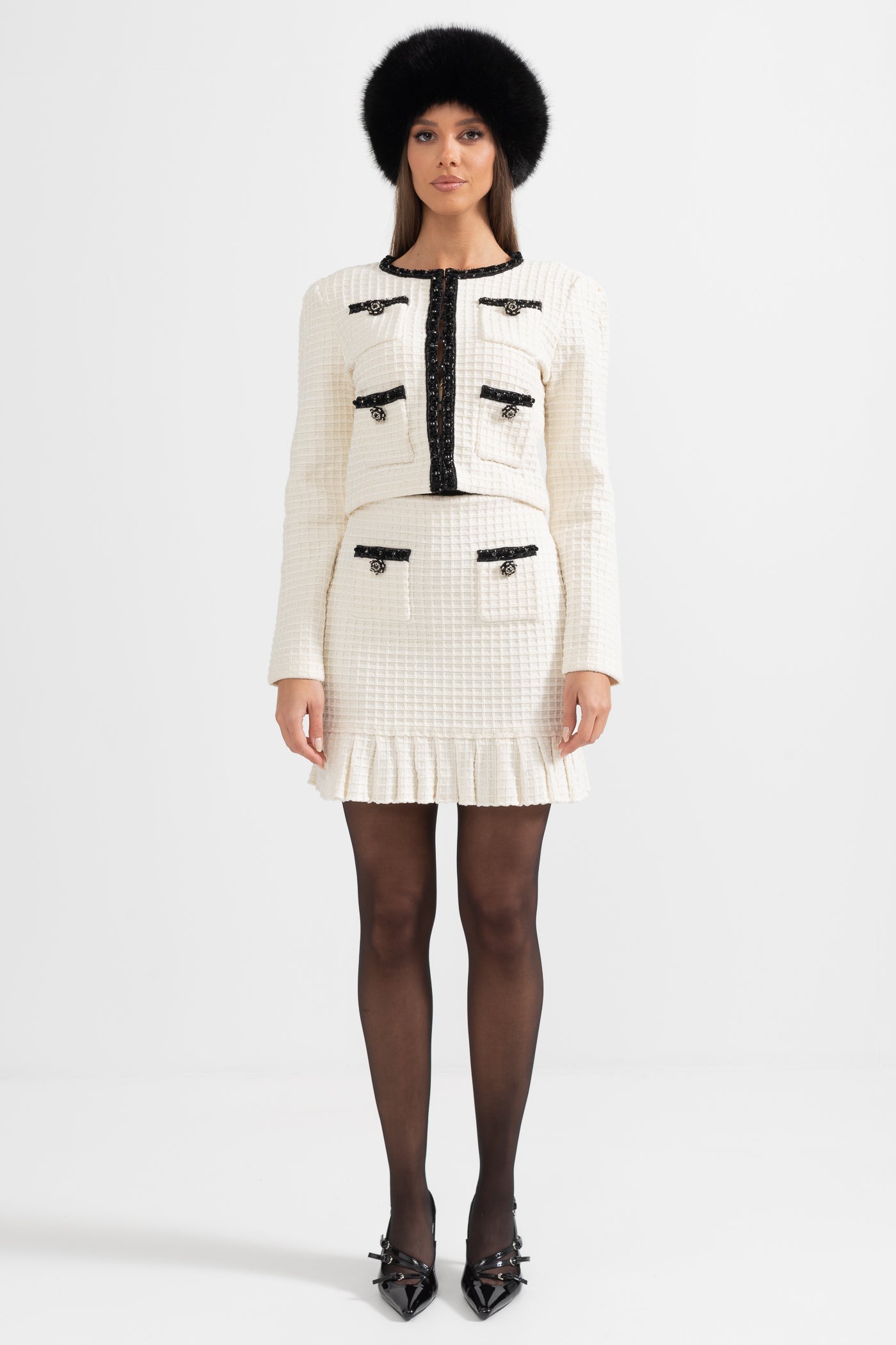 Set Tweed Co-Ord cu Detalii Negre - Ivoire