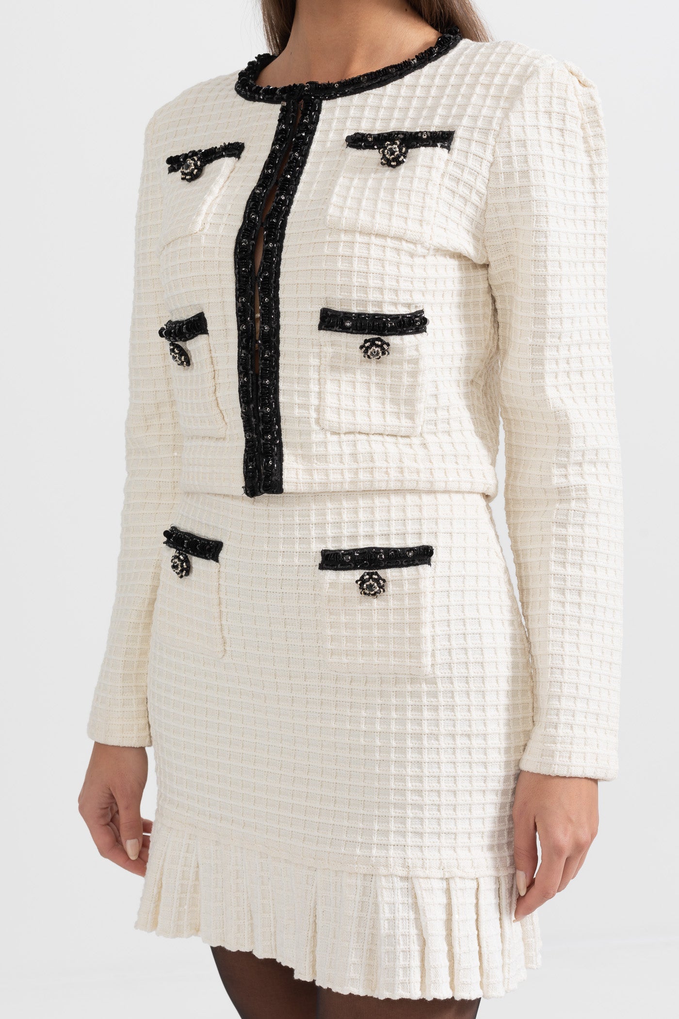 Set Tweed Co-Ord cu Detalii Negre - Ivoire