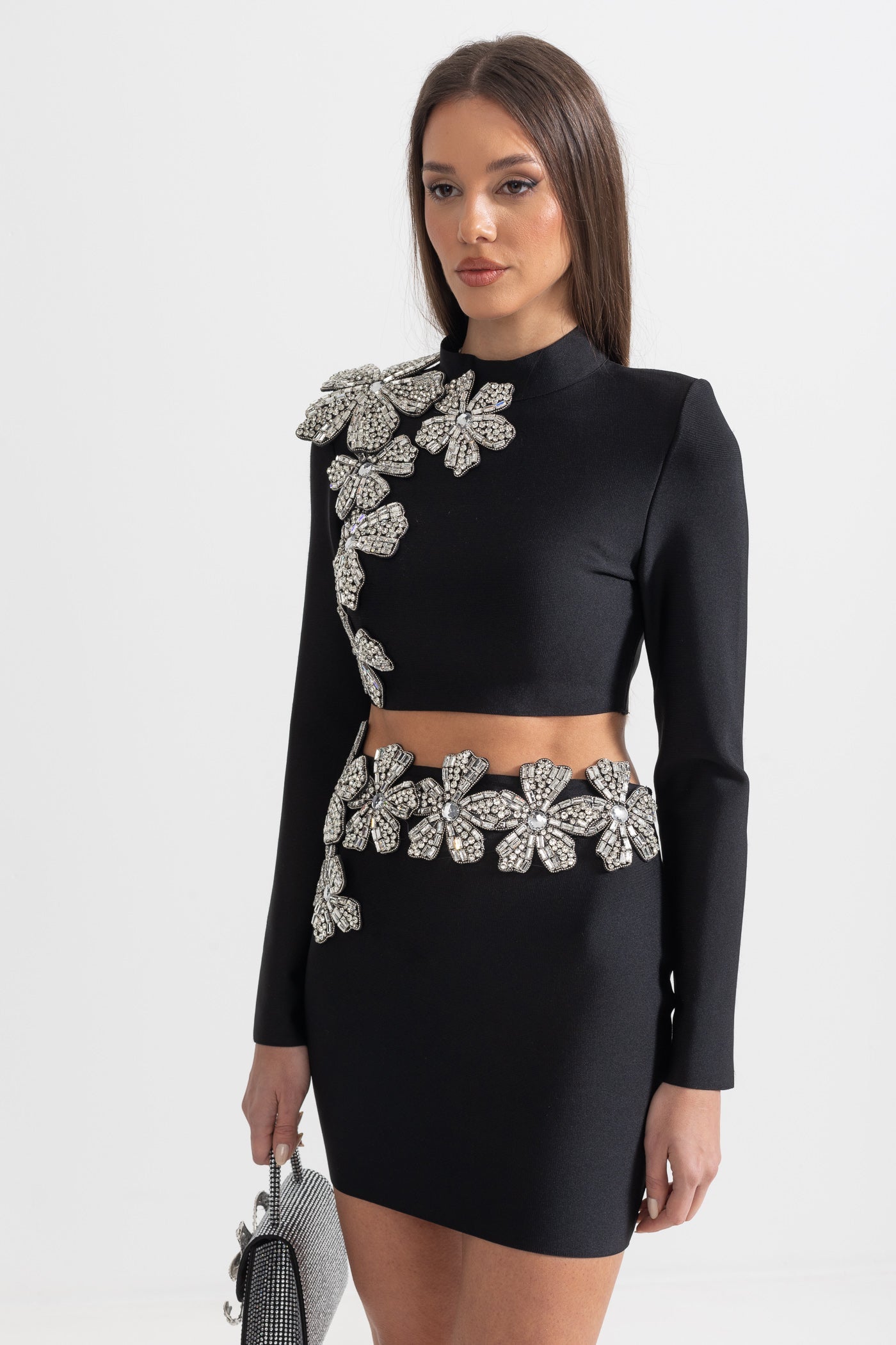 Set din 2 Piese cu Accente de Flori Diamant, Bluza cu Mâneci Lungi și Fustă Mini - Negru