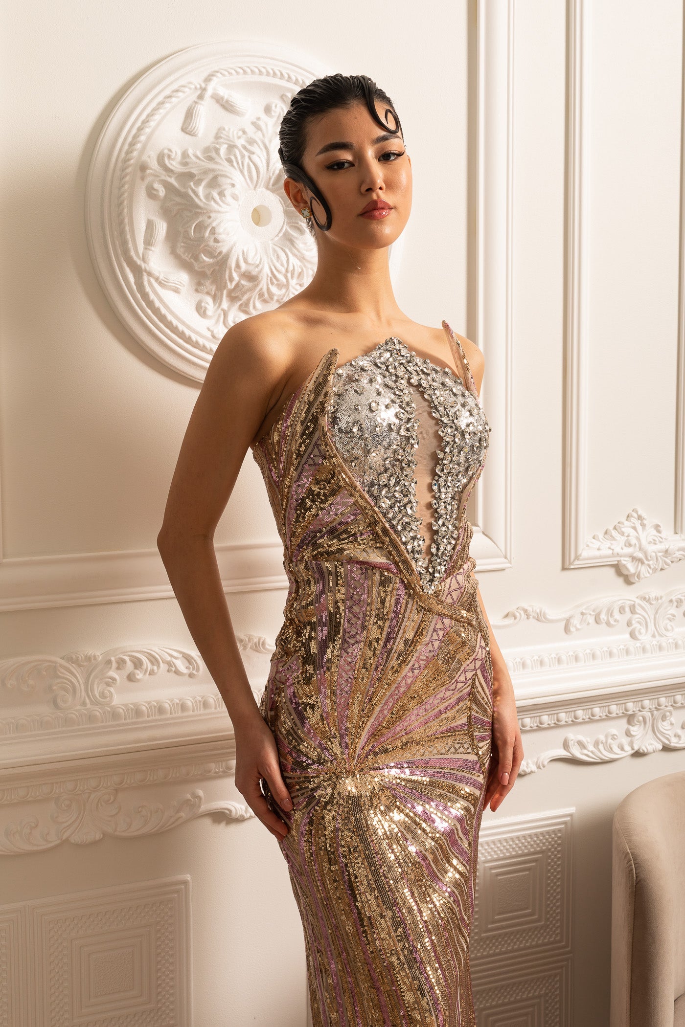 Sequin Embellished Gown With Silver Chest Piece - Gold