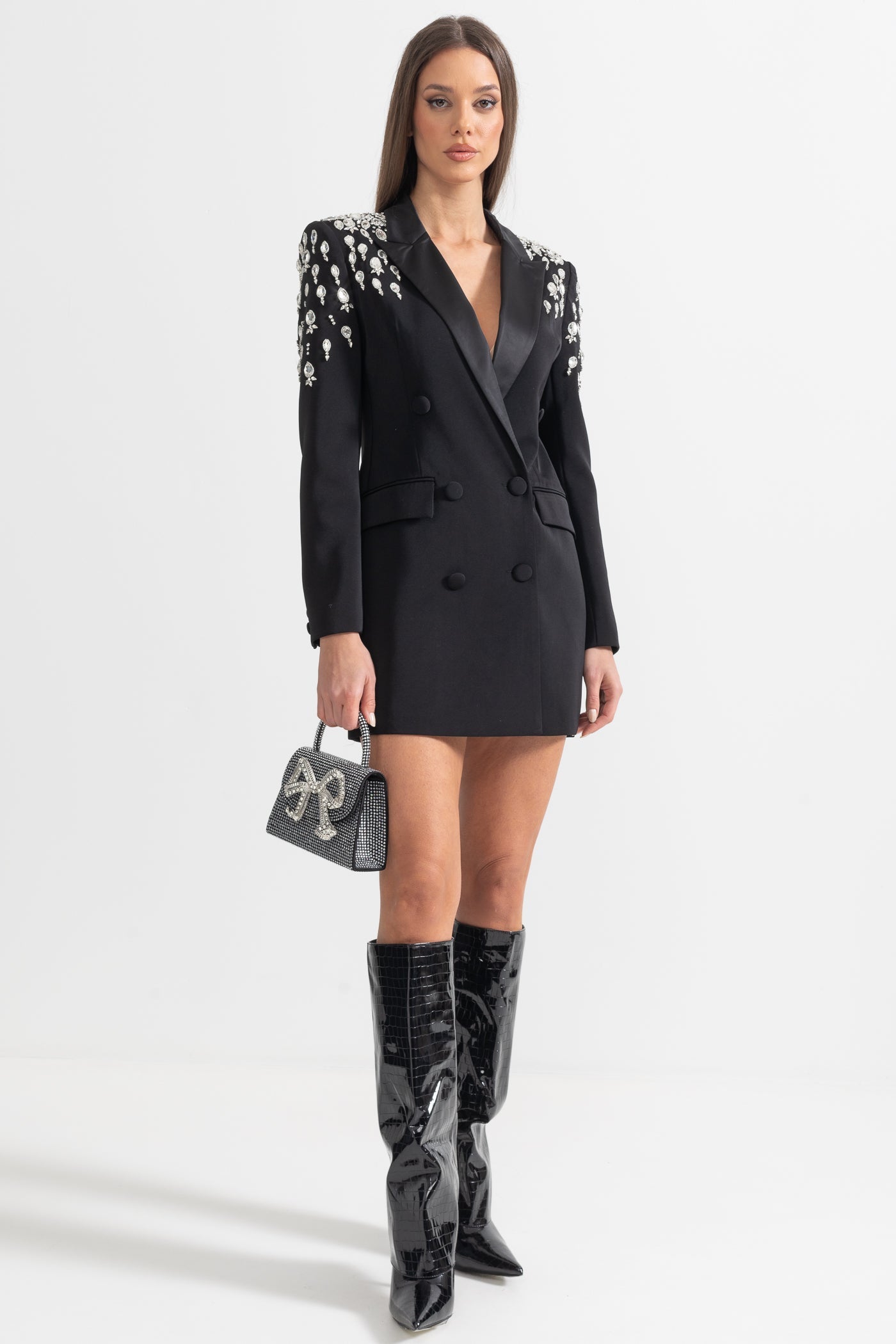 Sacou Elegant cu Umeri Împodobiți cu Diamante - Negru