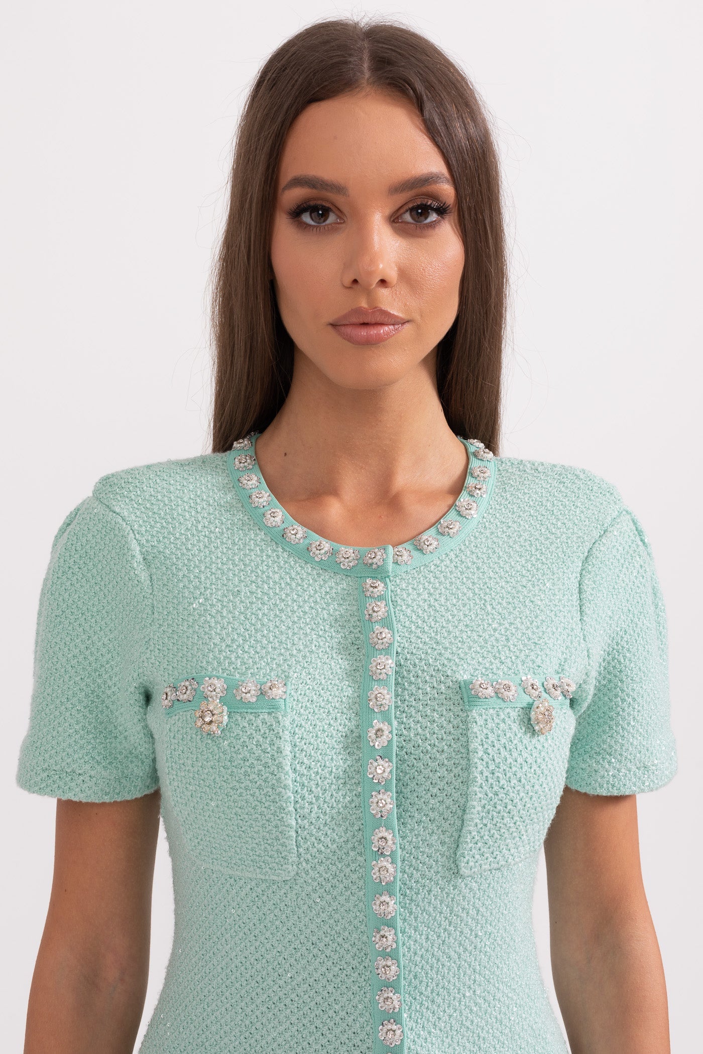 Rochie Mini cu Mâneci Scurte și Diamante - Verde Mentă