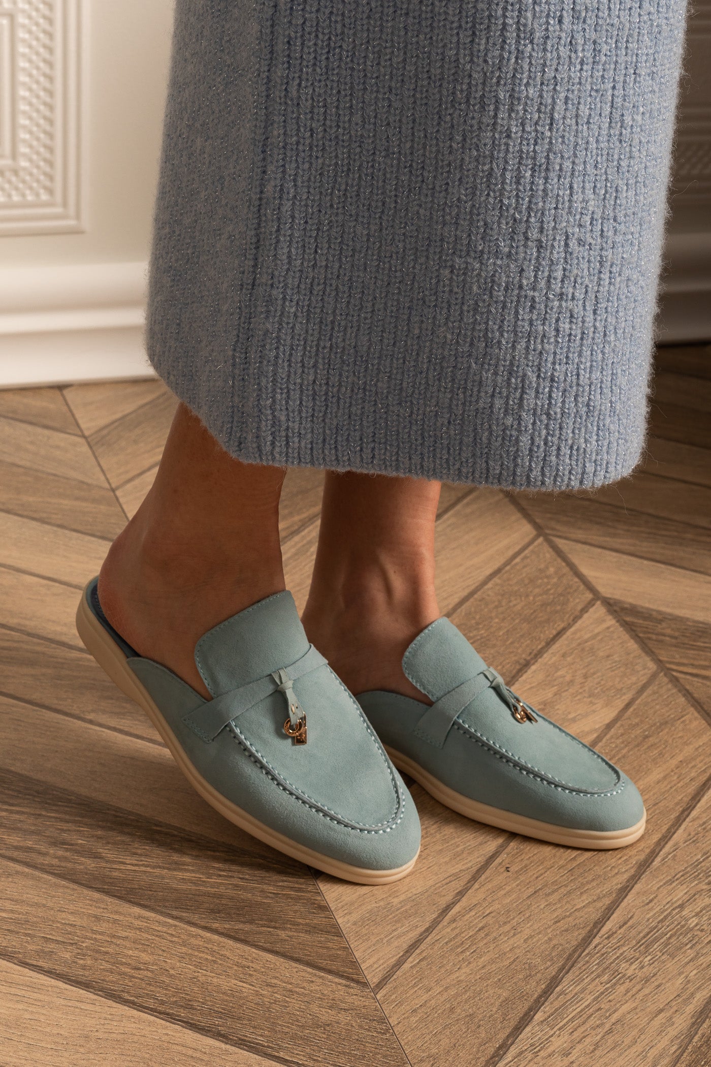 Suede Loafers With Contrasting Sole And Metal Charms - Baby Blue