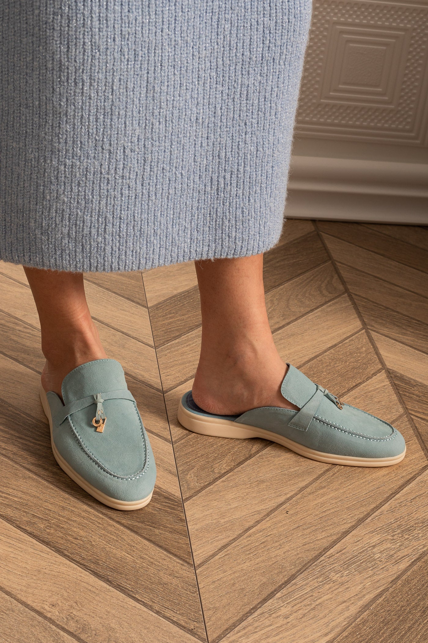 Suede Loafers With Contrasting Sole And Metal Charms - Baby Blue