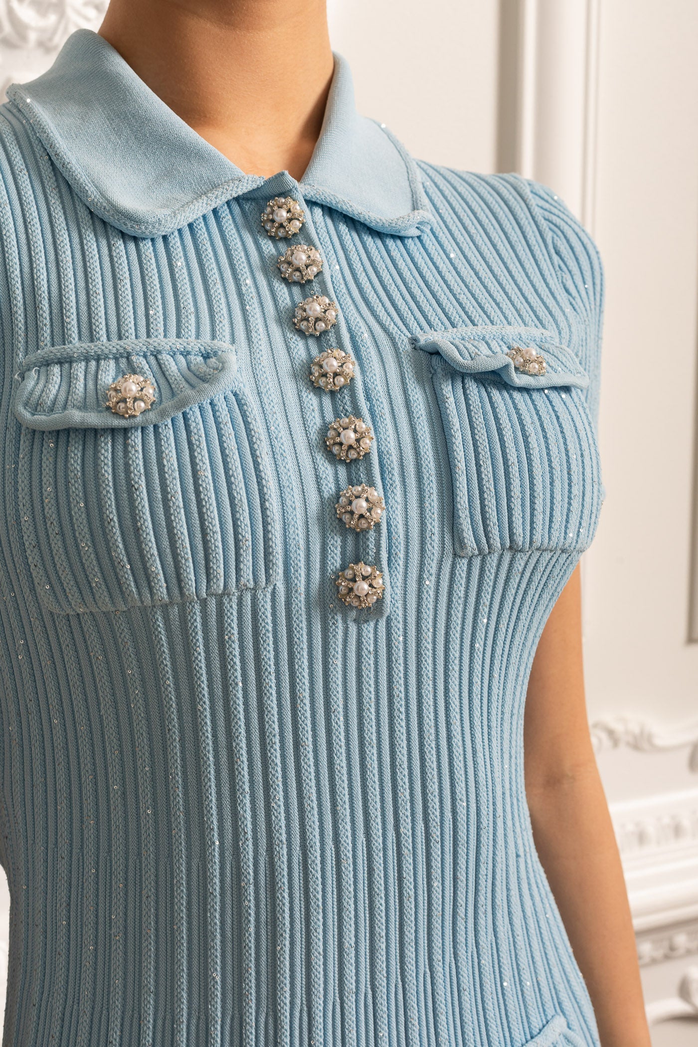 Rochie cu mâneci scurte și croială tip clepsidră cu detalii diamant - Baby Blue