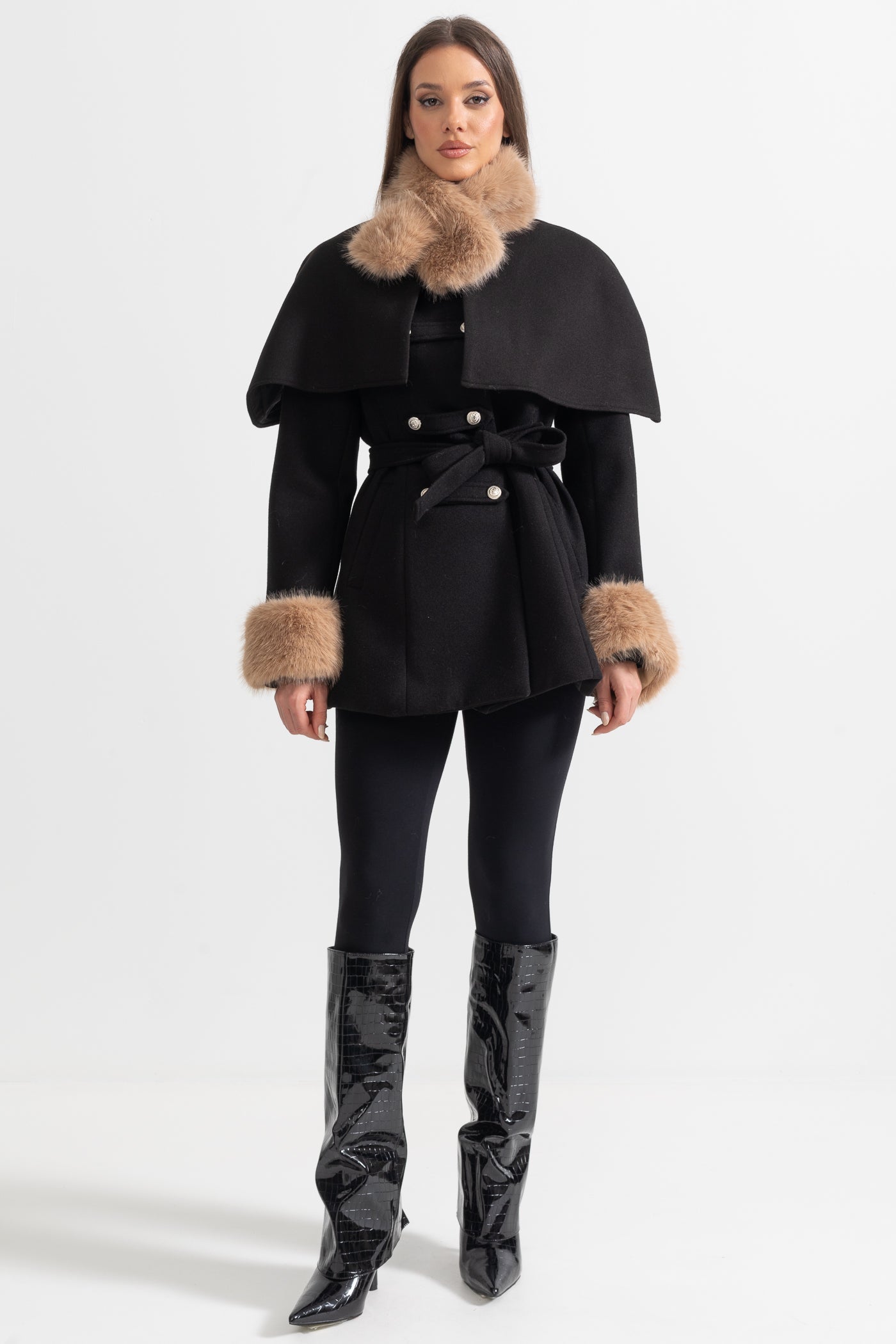 Double-Breasted Coat With Detachable Cape - Black