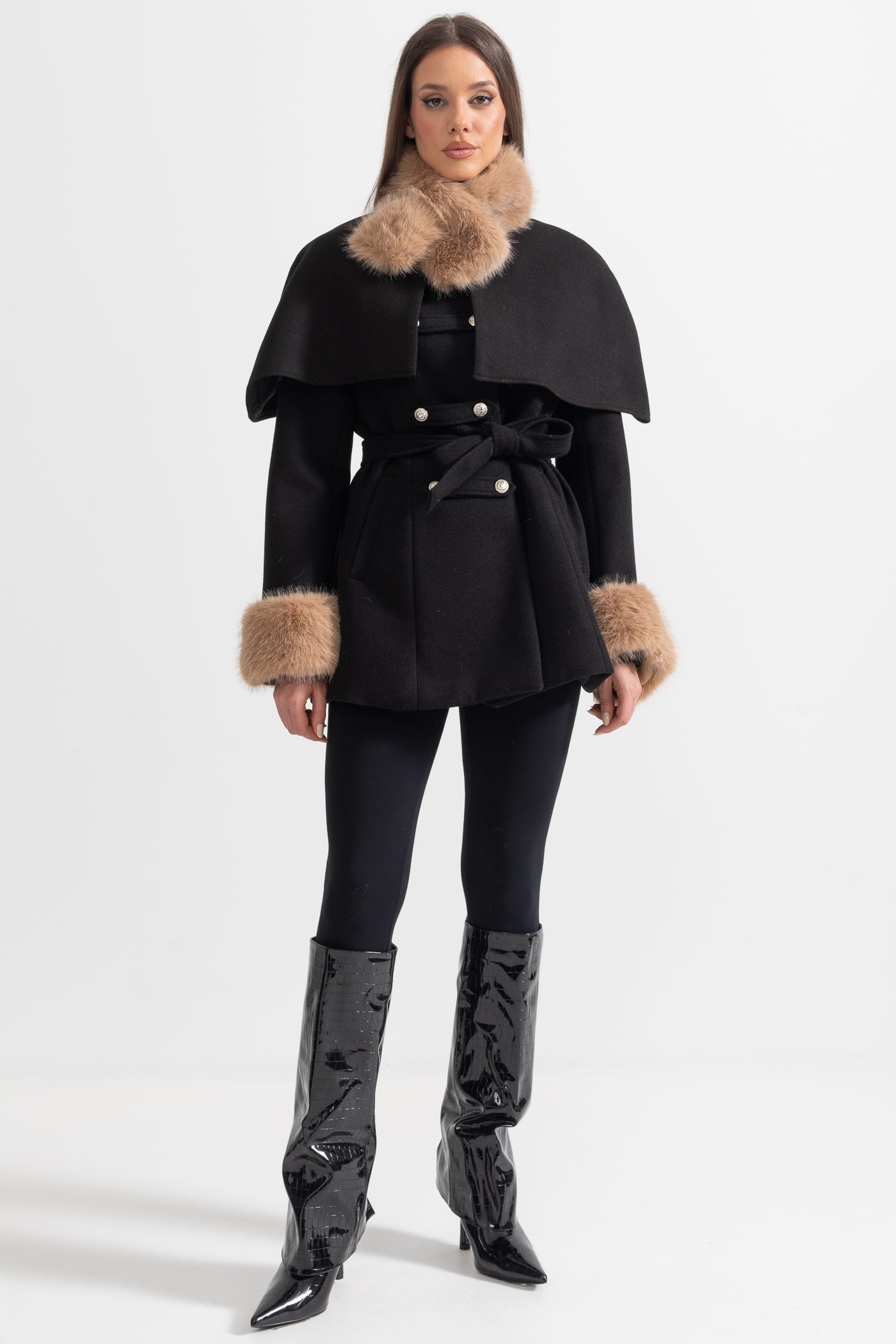 Palton cu dublu rând de nasturi și capă detașabilă - Negru