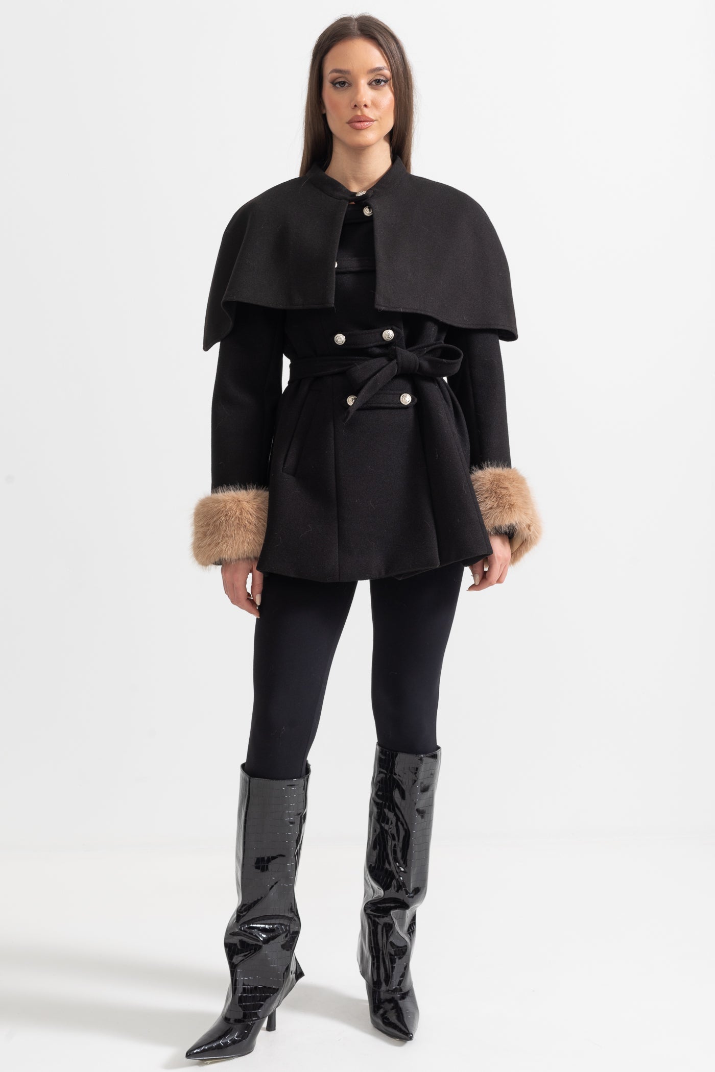 Palton cu dublu rând de nasturi și capă detașabilă - Negru