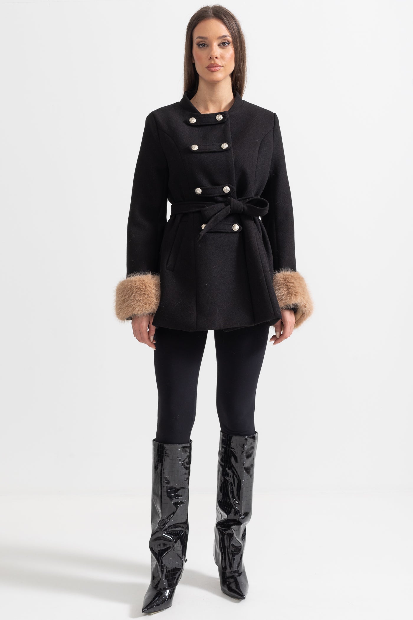 Palton cu dublu rând de nasturi și capă detașabilă - Negru