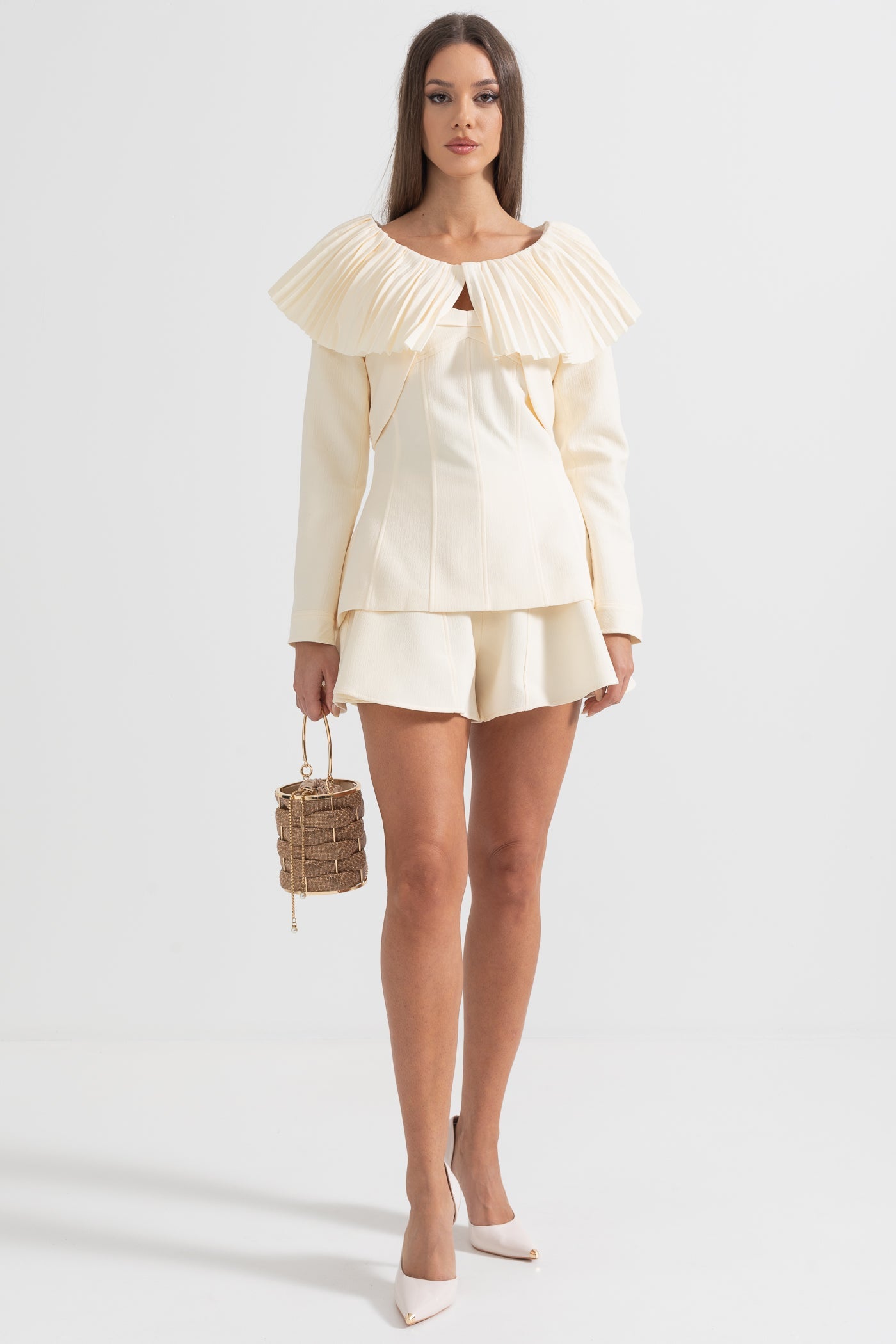 Rochie elegantă în 3 piese cu guler pliat detașabil și fustă - Ivoire