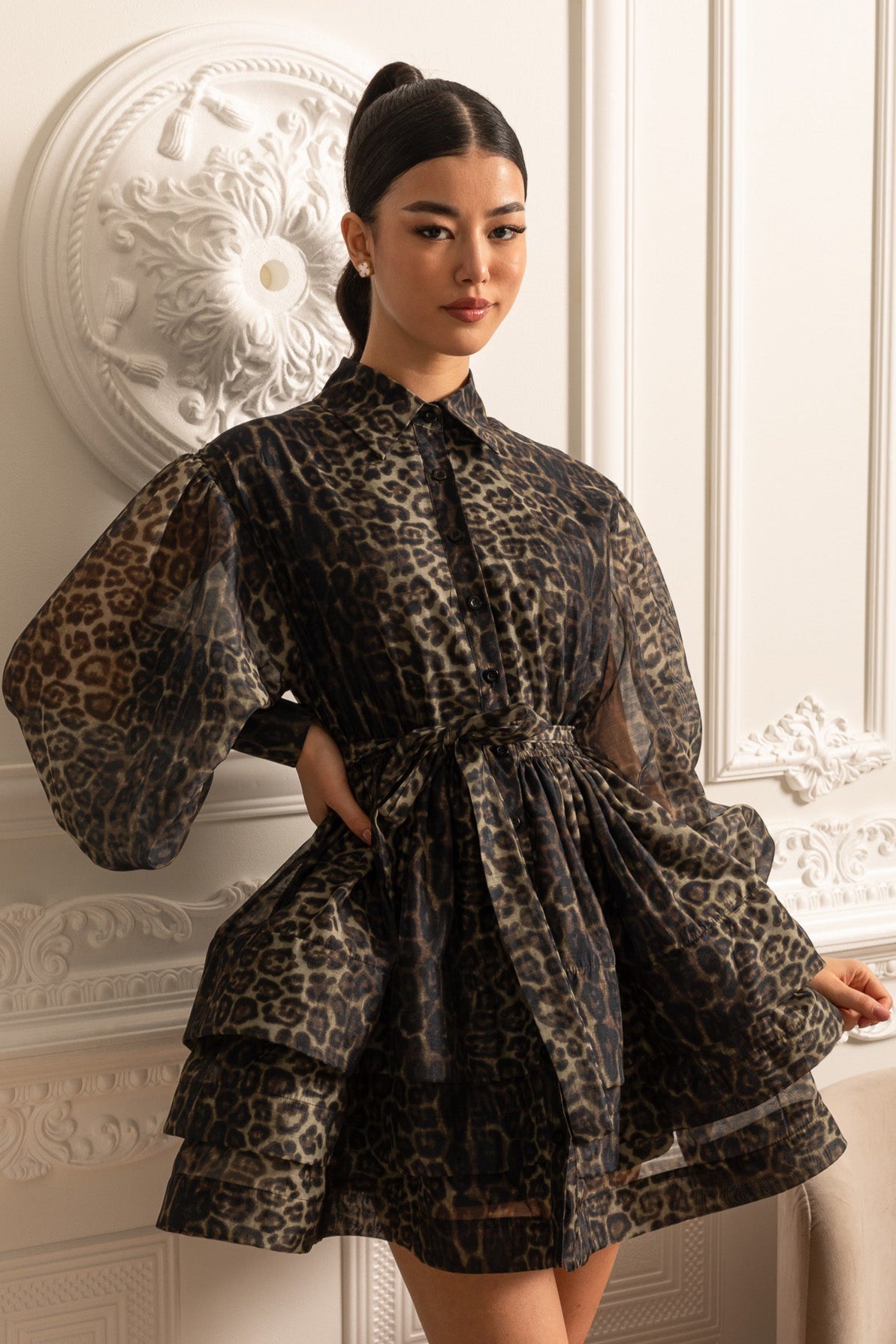 Leopard Pattern Long Sleeved Dress With Layered Skirt - Black