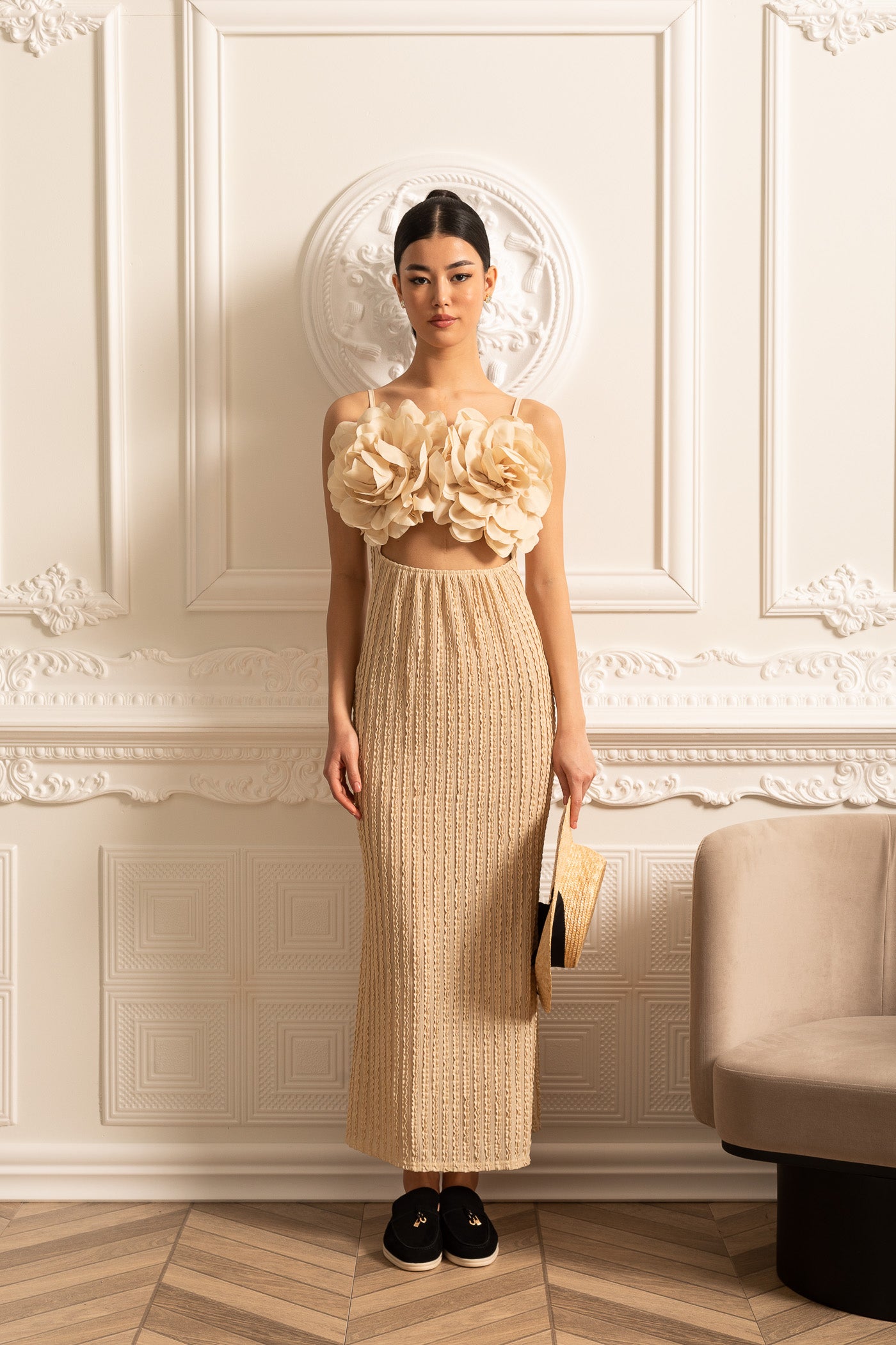 Exotic Dress With Oversized Floral Chest Embellishments - Beige