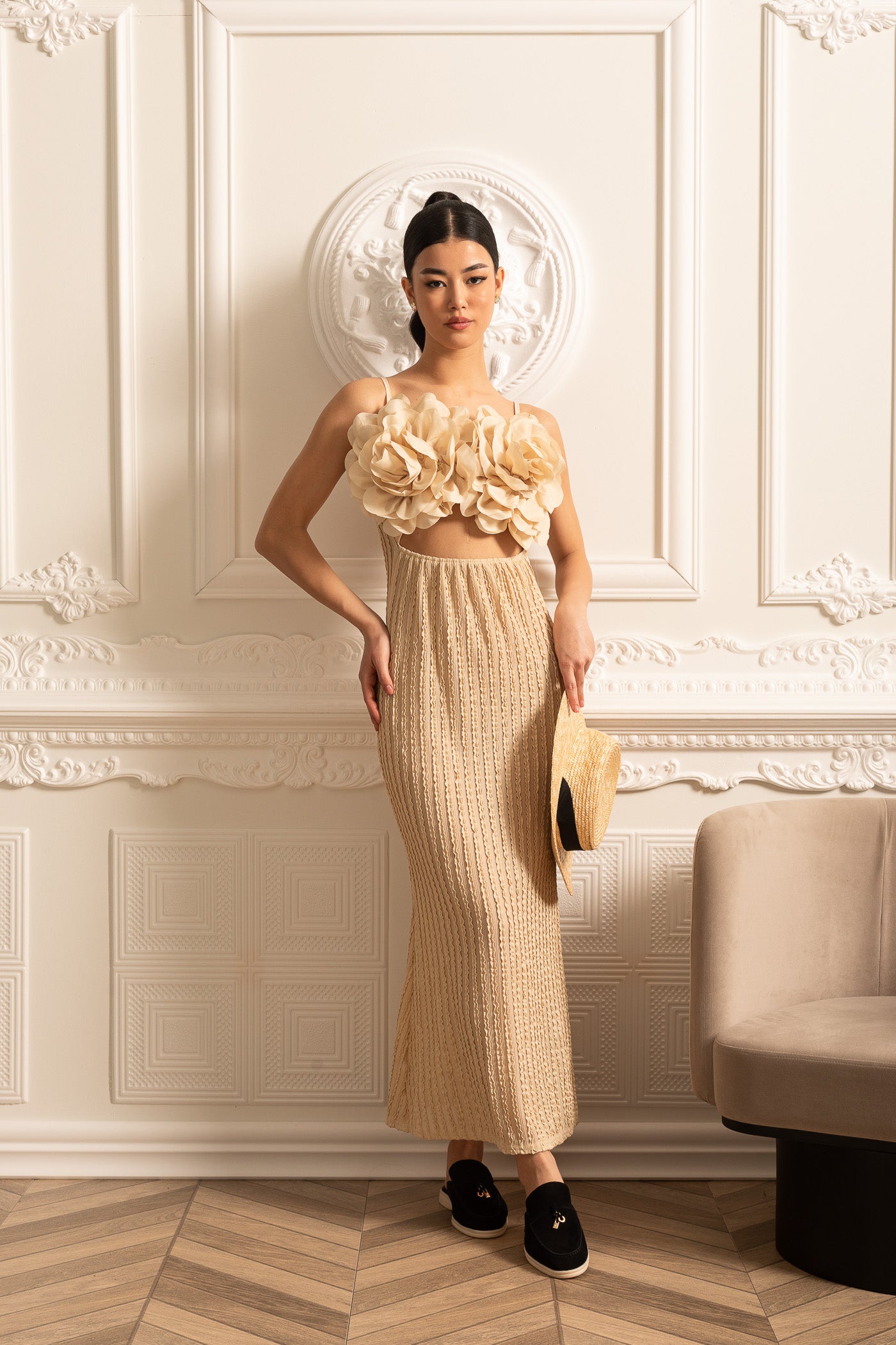 Exotic Dress With Oversized Floral Chest Embellishments - Beige