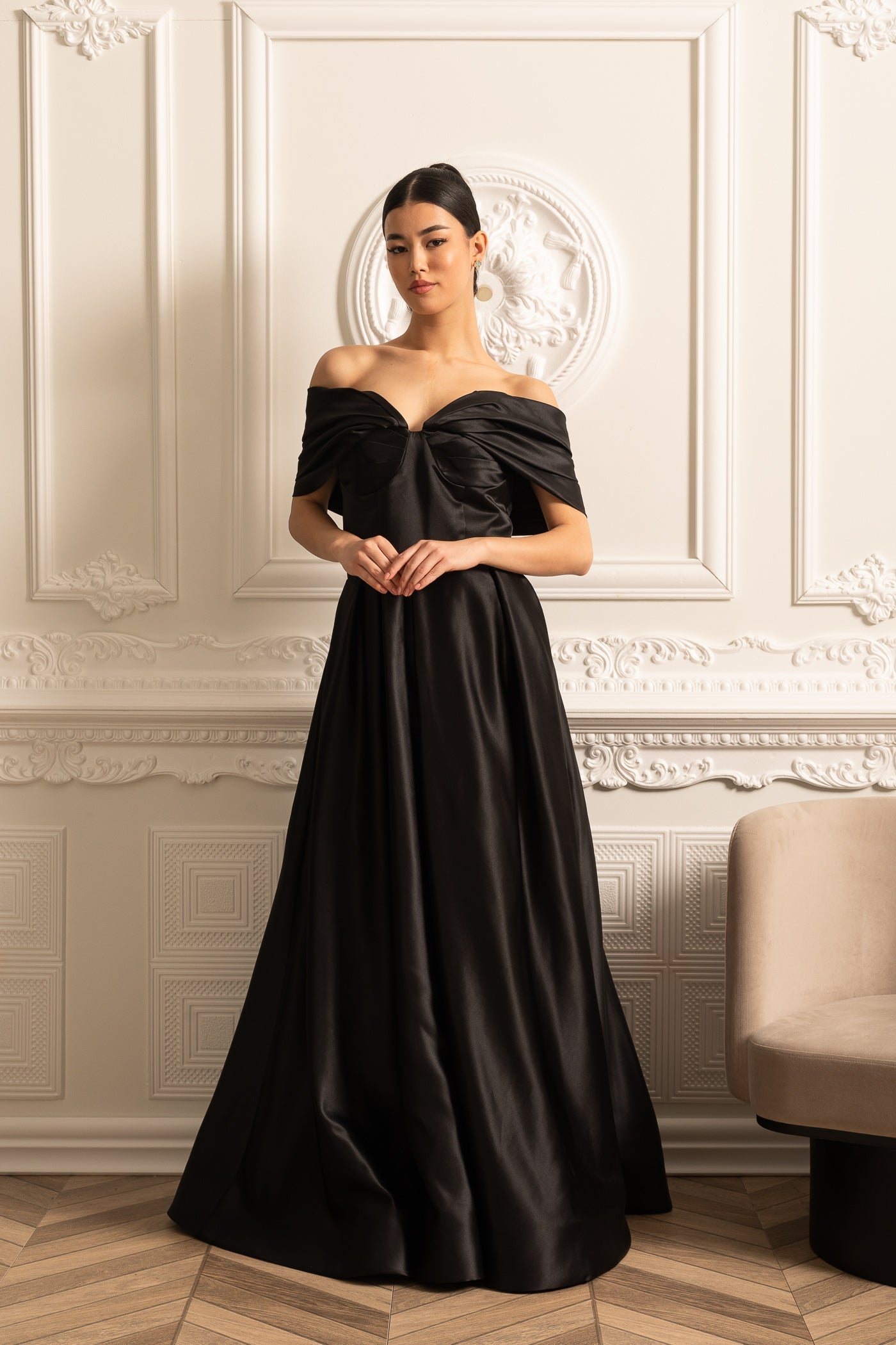 Off-Shoulder Satin Gown With Draping Skirt And Back Laces Closure - Black