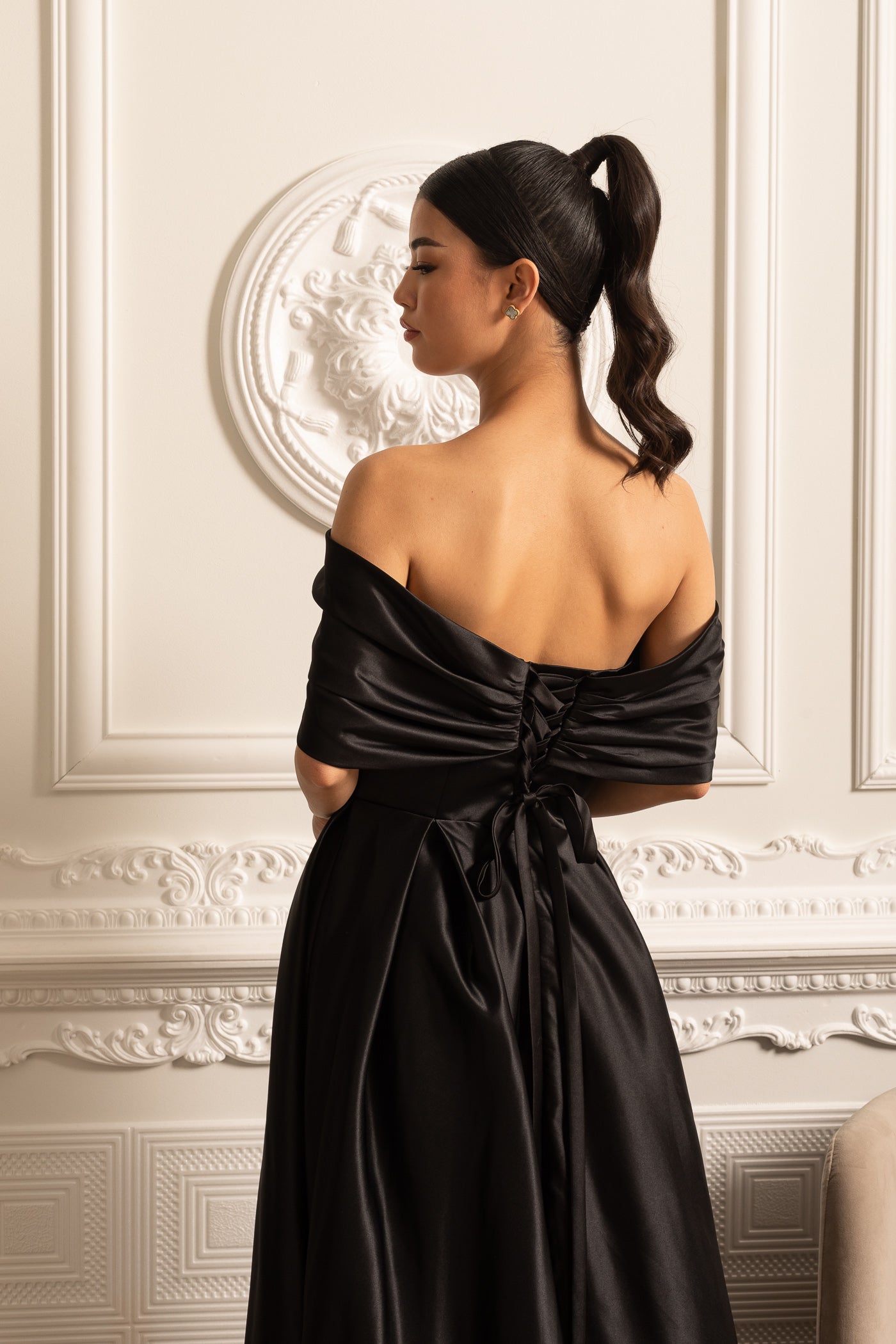 Off-Shoulder Satin Gown With Draping Skirt And Back Laces Closure - Black