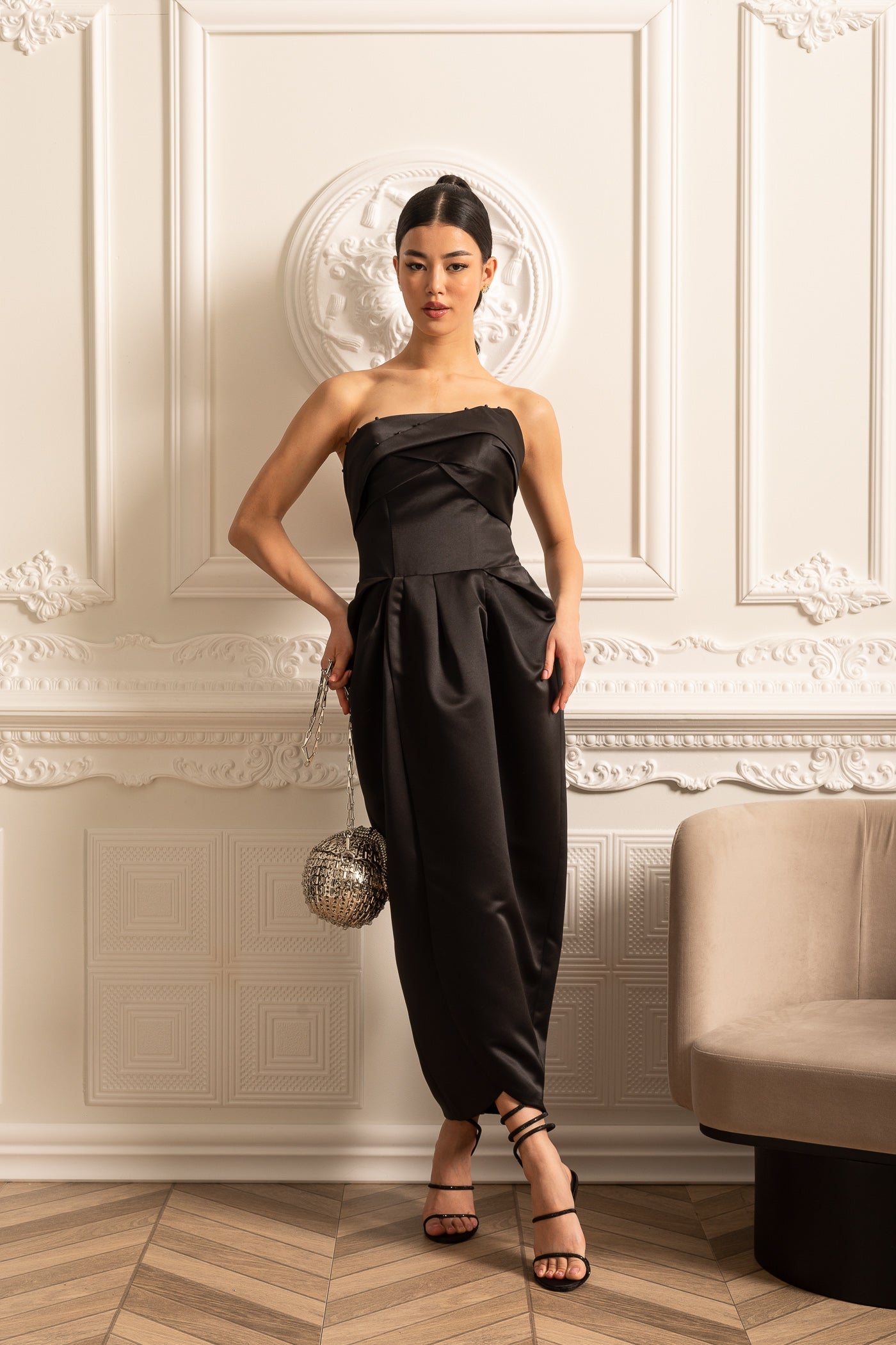Strapless Midi Dress With Ruched Chest Detailing - Black