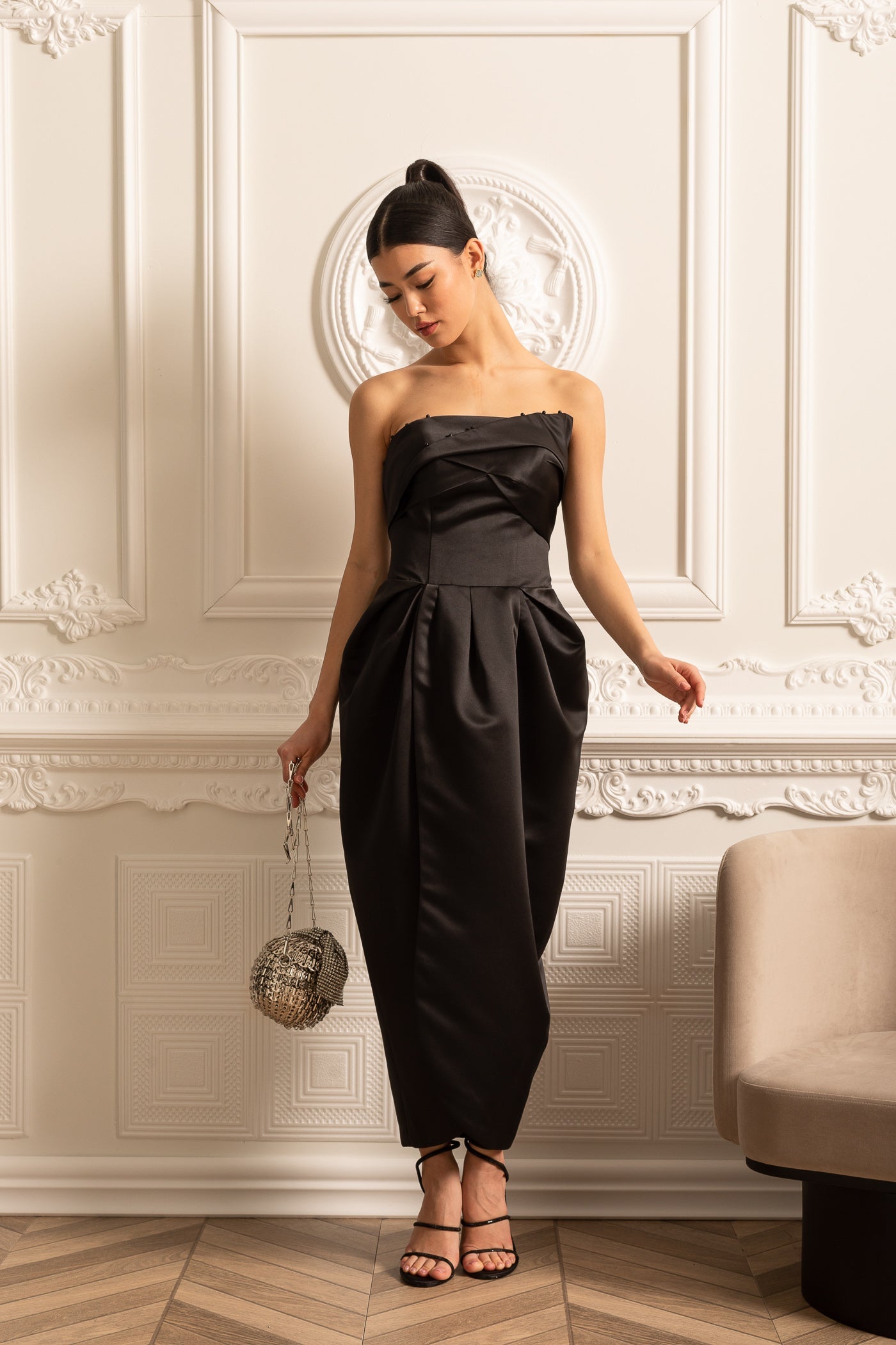 Strapless Midi Dress With Ruched Chest Detailing - Black