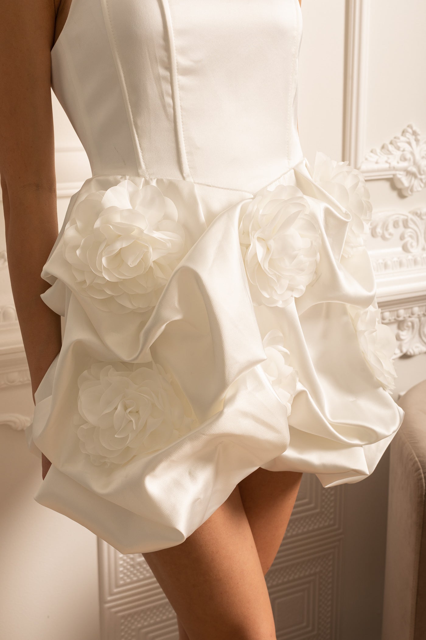 Satin Mini Dress With Gathered Fabric Floral Mini Skirt - White