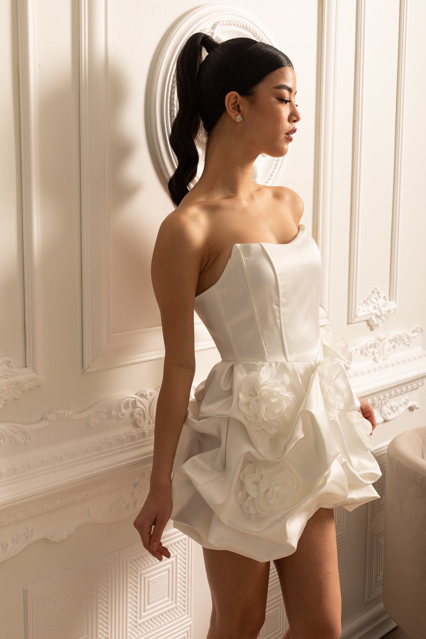 Satin Mini Dress With Gathered Fabric Floral Mini Skirt - White